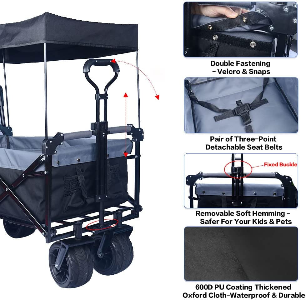 Collapsible Wagon Heavy Duty Folding Wagon Cart with Removable Canopy, 4" Wide Large All Terrain Wheels, Brake, Adjustable Handles,Cooler Bag Utility Carts for Outdoor Garden Beach
