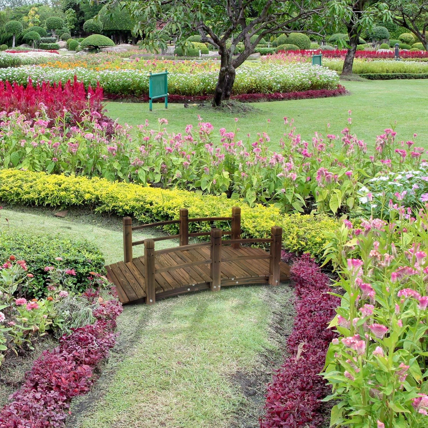 Fir Wood Garden Bridge Arc Walkway with Side Railings for Backyards, Gardens, and Streams, Stained Wood, 60" x 26.5" x 19"