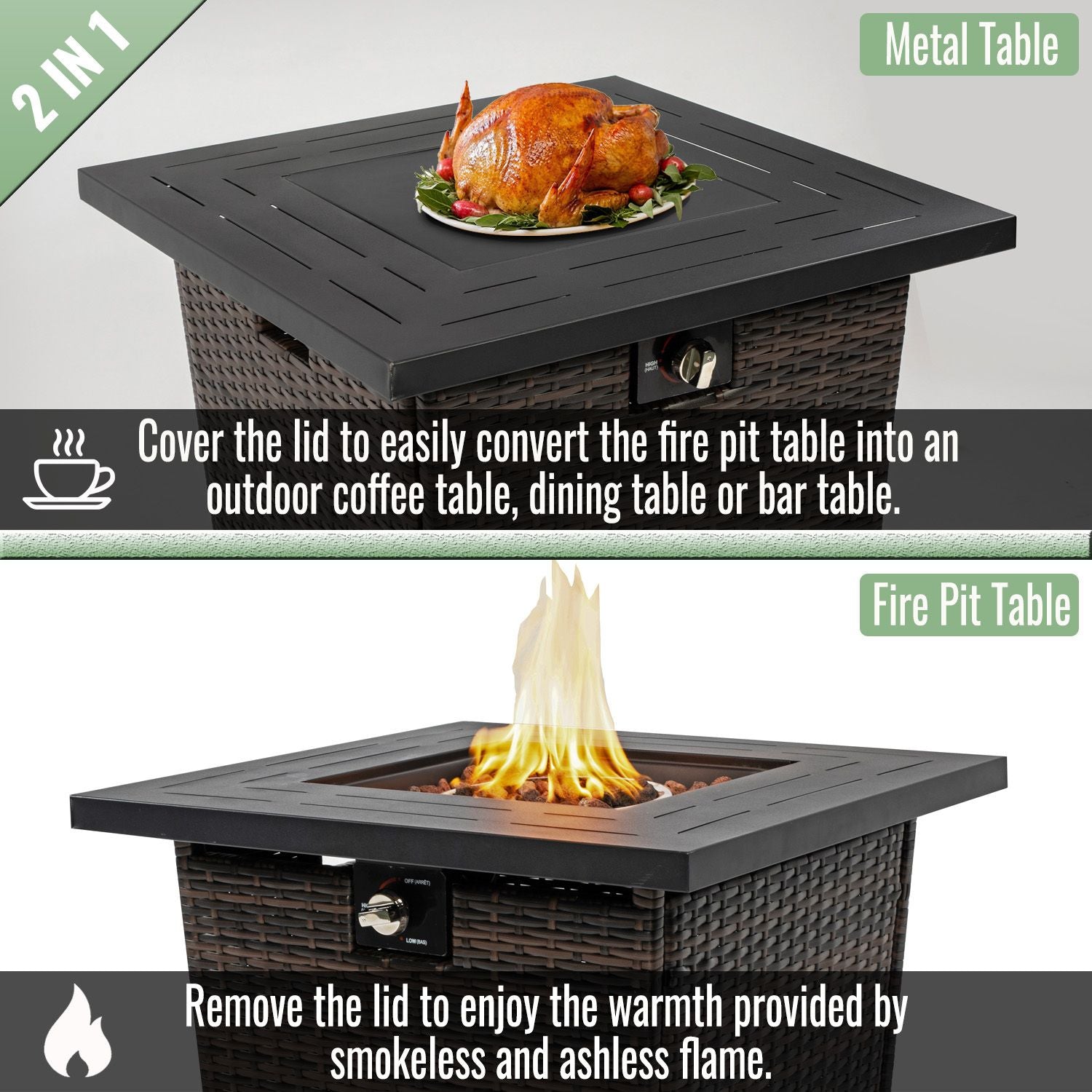 28" Propane Gas Fire Pit Table, 50000 BTU Square Steel Fire Pit with Beautiful Wicker Base for Outside Patio Deck Garden Backyard-Black