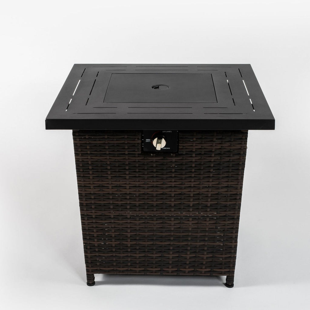 28" Propane Gas Fire Pit Table, 50000 BTU Square Steel Fire Pit with Beautiful Wicker Base for Outside Patio Deck Garden Backyard-Black