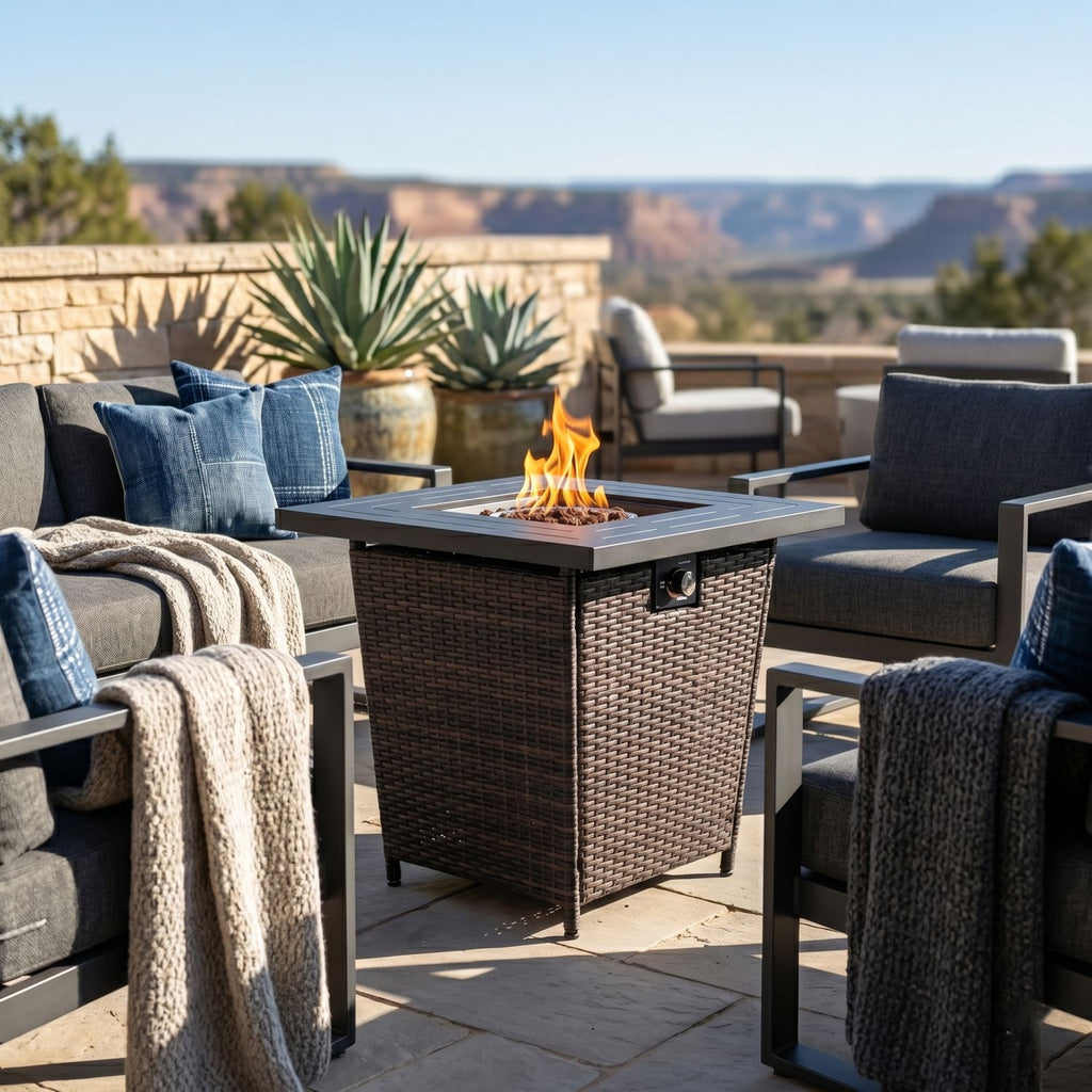28" Propane Gas Fire Pit Table, 50000 BTU Square Steel Fire Pit with Beautiful Wicker Base for Outside Patio Deck Garden Backyard-Black