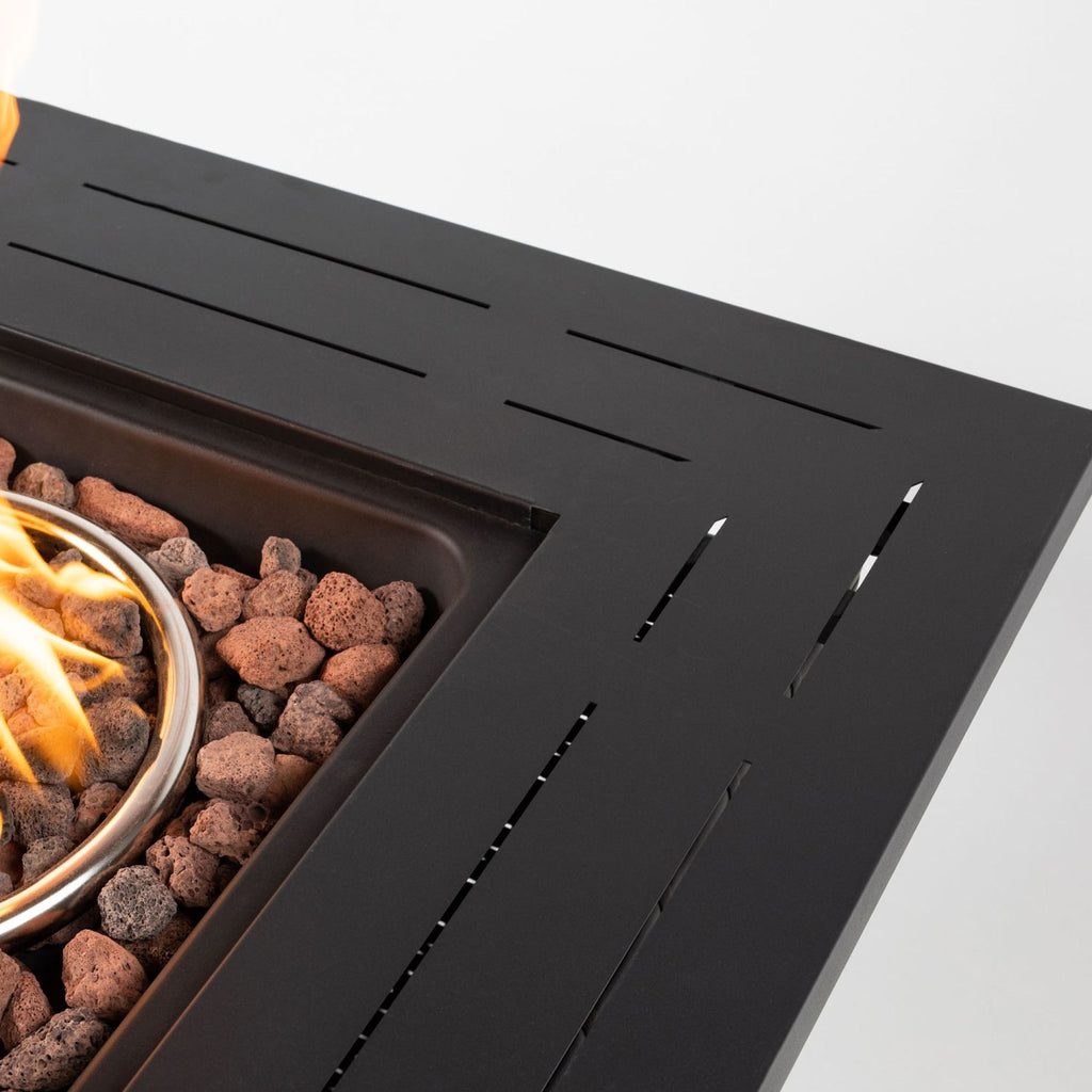 28" Propane Gas Fire Pit Table, 50000 BTU Square Steel Fire Pit with Beautiful Wicker Base for Outside Patio Deck Garden Backyard-Black