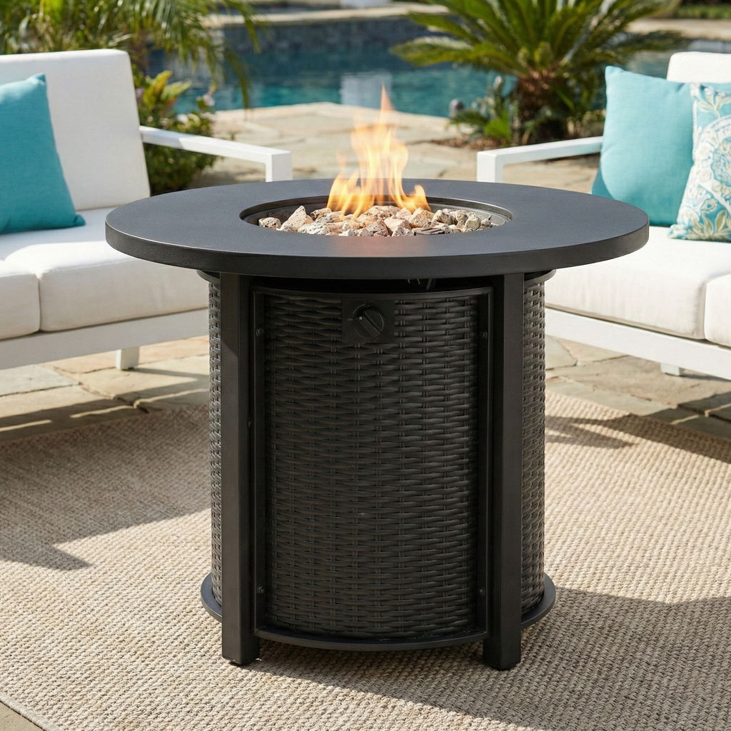 30" Propane Gas Fire Pit Table, 50000 BTU Round Steel Fire Pit for Outside Patio Deck Garden Courtyard-Black