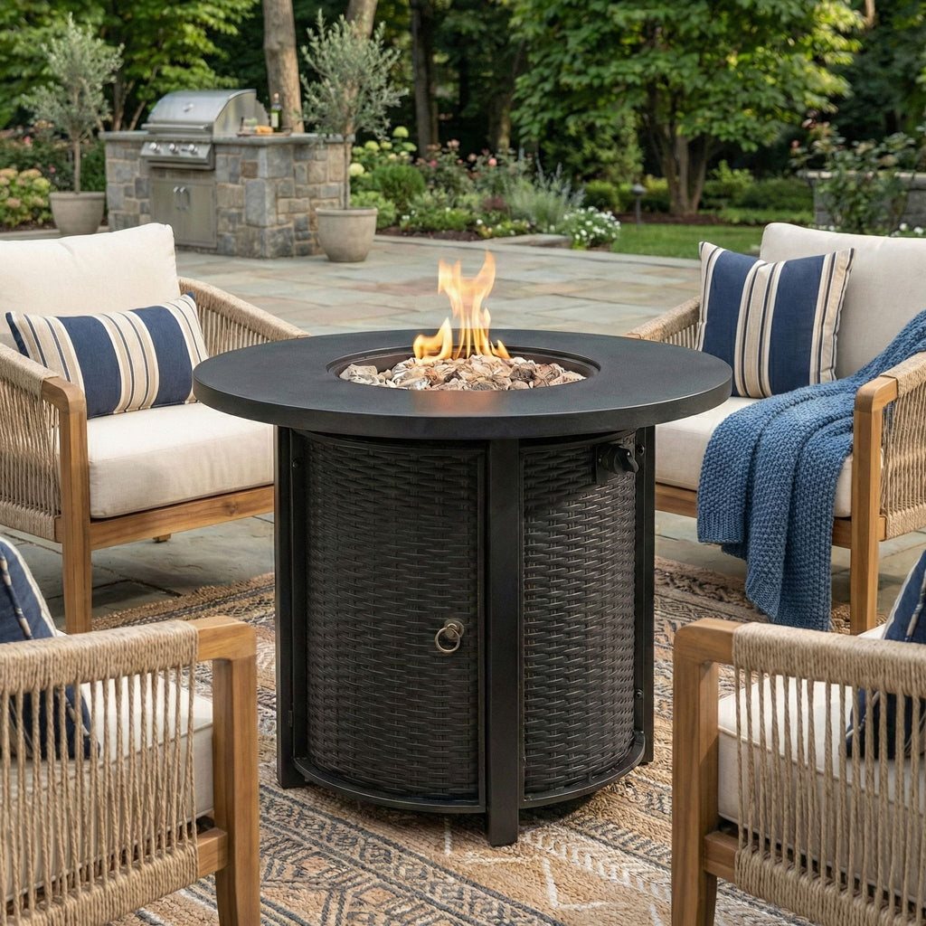 30" Propane Gas Fire Pit Table, 50000 BTU Round Steel Fire Pit for Outside Patio Deck Garden Courtyard-Black