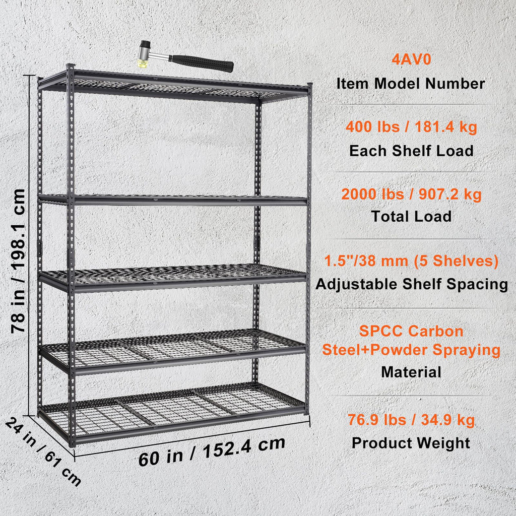 Storage Shelving Unit, 5-Tier Adjustable, 2000 lbs Capacity, Heavy Duty Garage Shelves Metal Organizer Wire Rack, Black, 60" L x 24" W x 78" H for Kitchen Pantry Basement Bathroom Laundry Closet