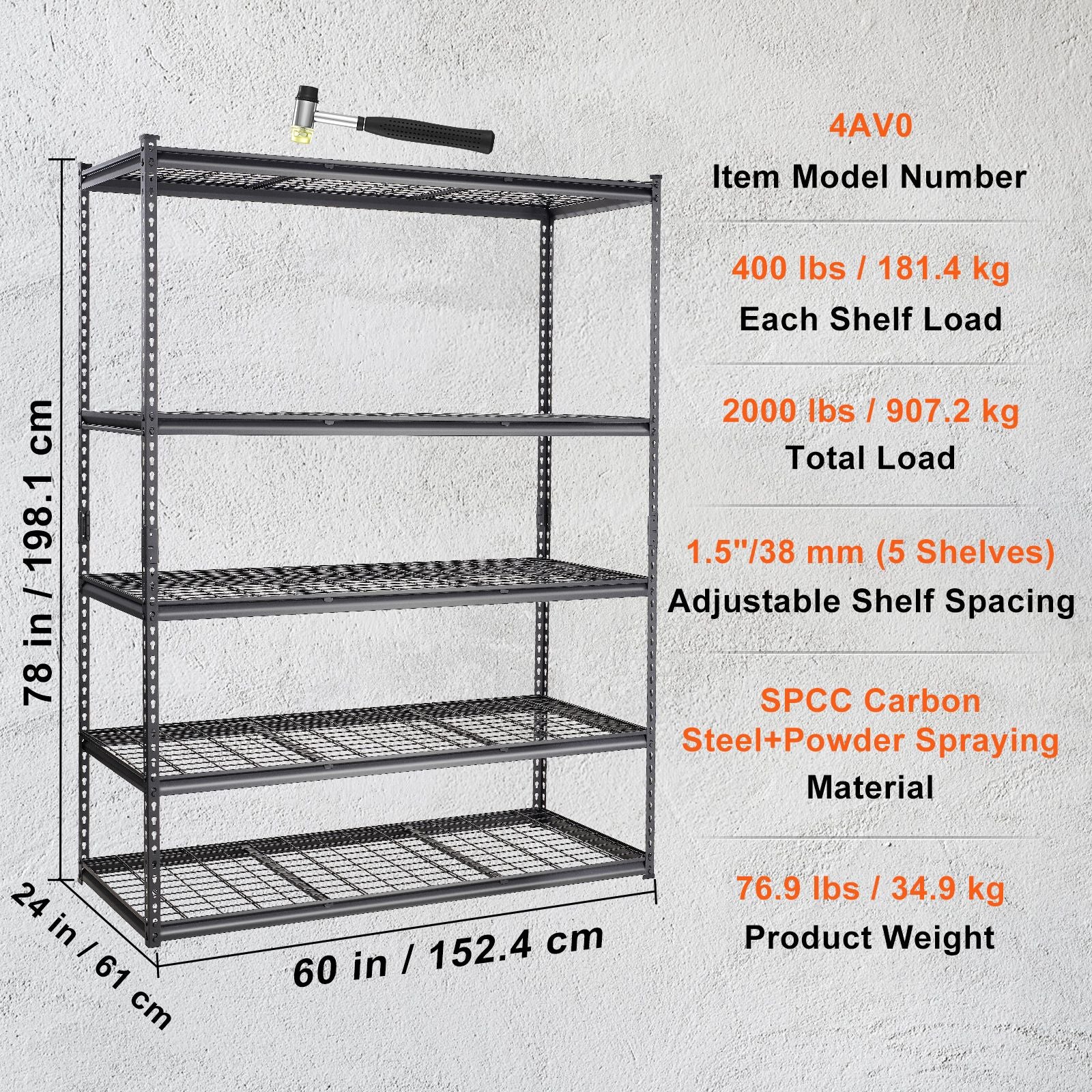 Storage Shelving Unit, 5-Tier Adjustable, 2000 lbs Capacity, Heavy Duty Garage Shelves Metal Organizer Wire Rack, Black, 60" L x 24" W x 78" H for Kitchen Pantry Basement Bathroom Laundry Closet