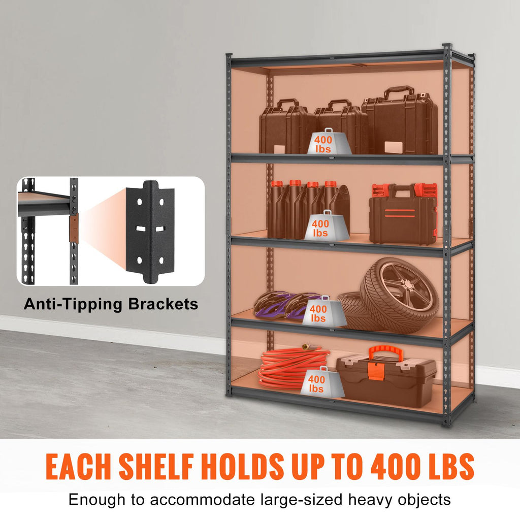 Storage Shelving Unit, 5-Tier Adjustable, 2000 lbs Capacity, Heavy Duty Garage Shelves Metal Organizer Utility Rack, Black, 18" D x 48" W x 72" H for Kitchen Pantry Basement Bathroom Laundry
