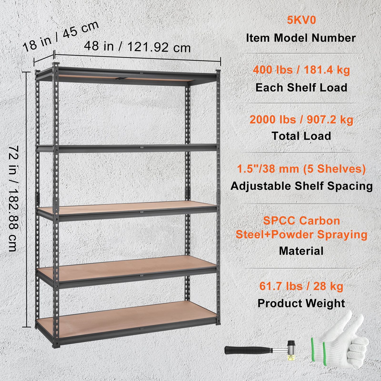 Storage Shelving Unit, 5-Tier Adjustable, 2000 lbs Capacity, Heavy Duty Garage Shelves Metal Organizer Utility Rack, Black, 18" D x 48" W x 72" H for Kitchen Pantry Basement Bathroom Laundry