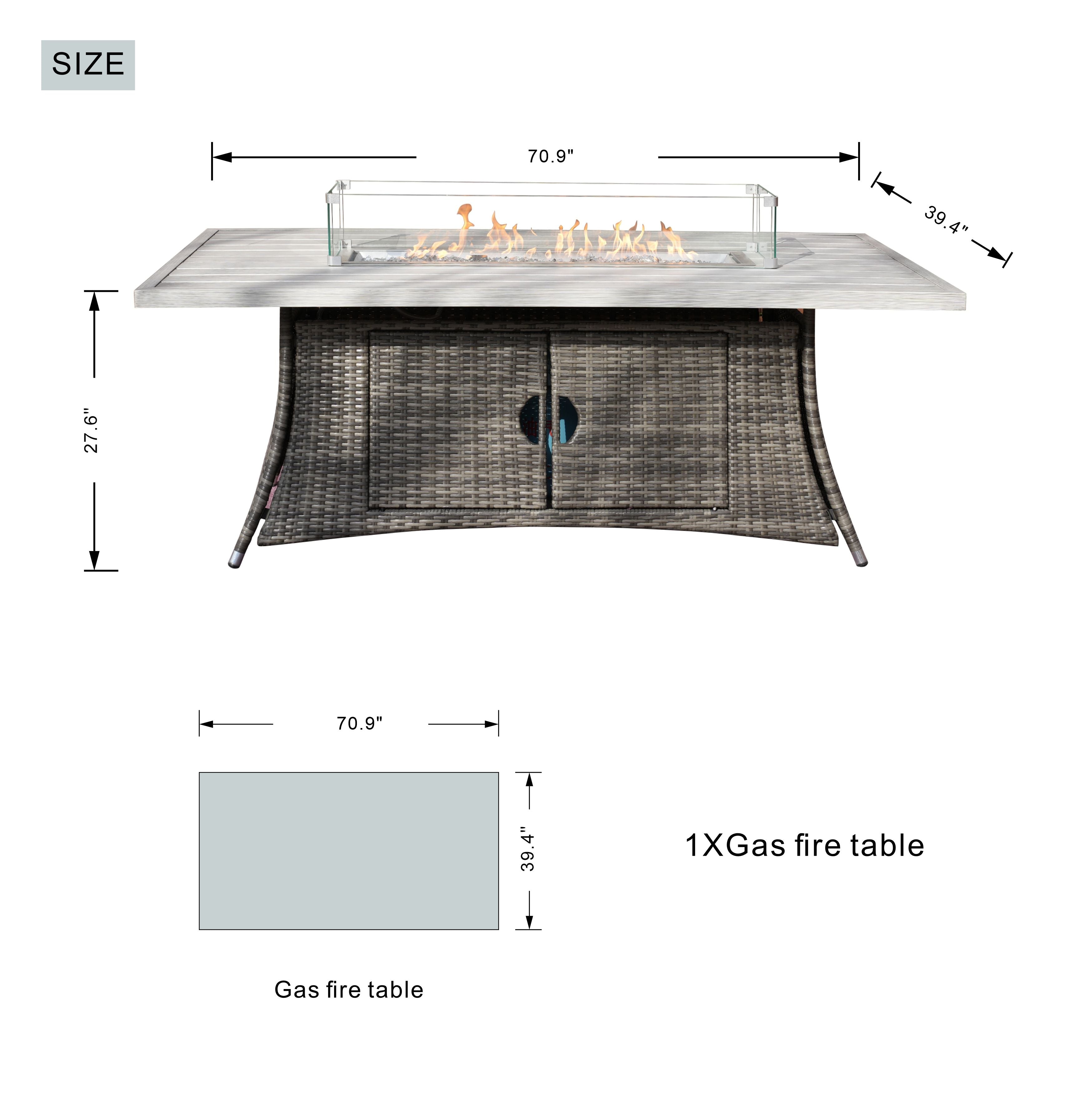 Direct Wicker Patio Fire Pit Dining Set 6-Seat Rectangular Aluminum Table with Rattan Chairs