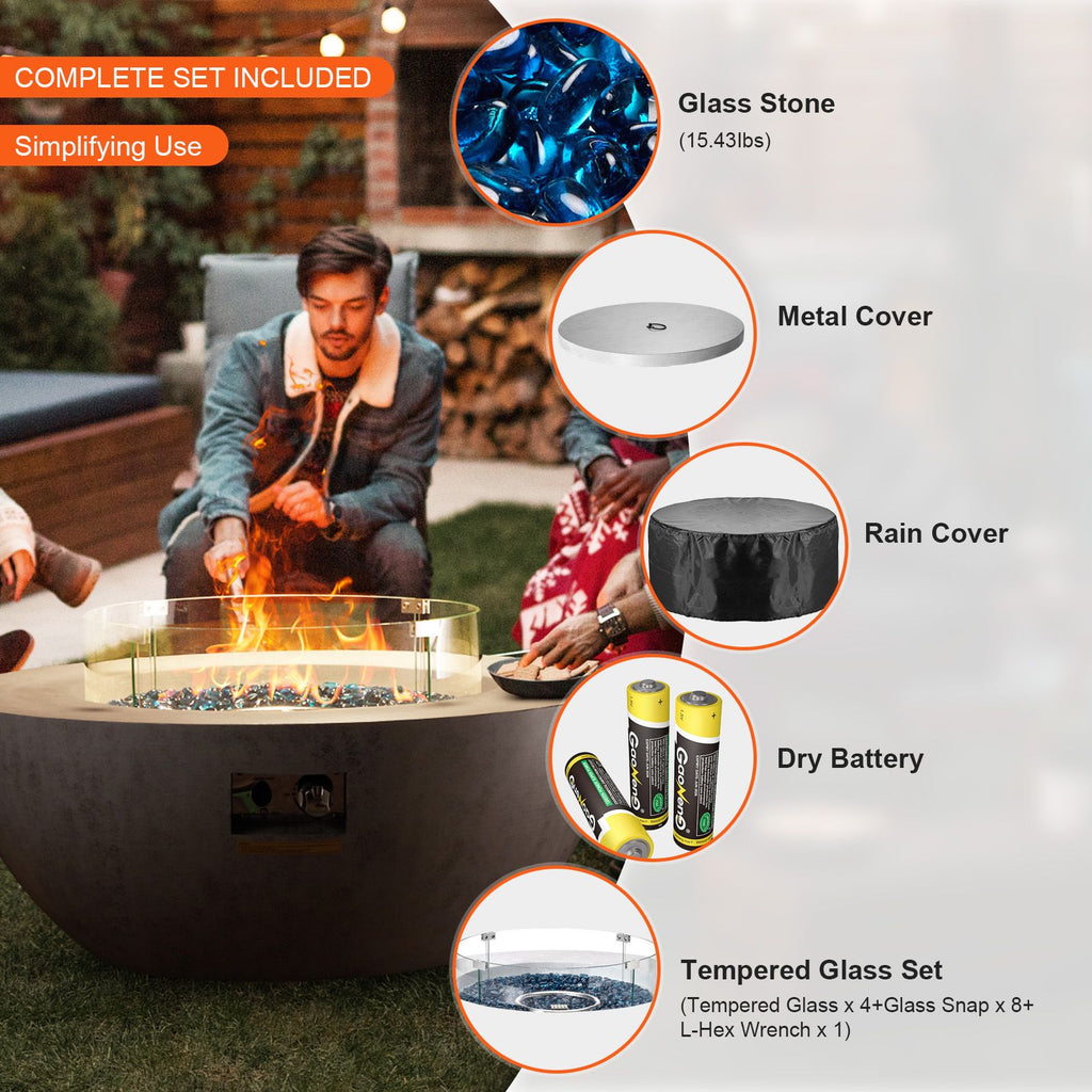 Propane Fire Pit, Outdoor Concrete Gas Fire Pit, 39 in Tabletop with Lava Rocks, Lid,Rain Cover,Adjust Flame Height Camping Firepit for Heating, Lighting, 50000 BTU