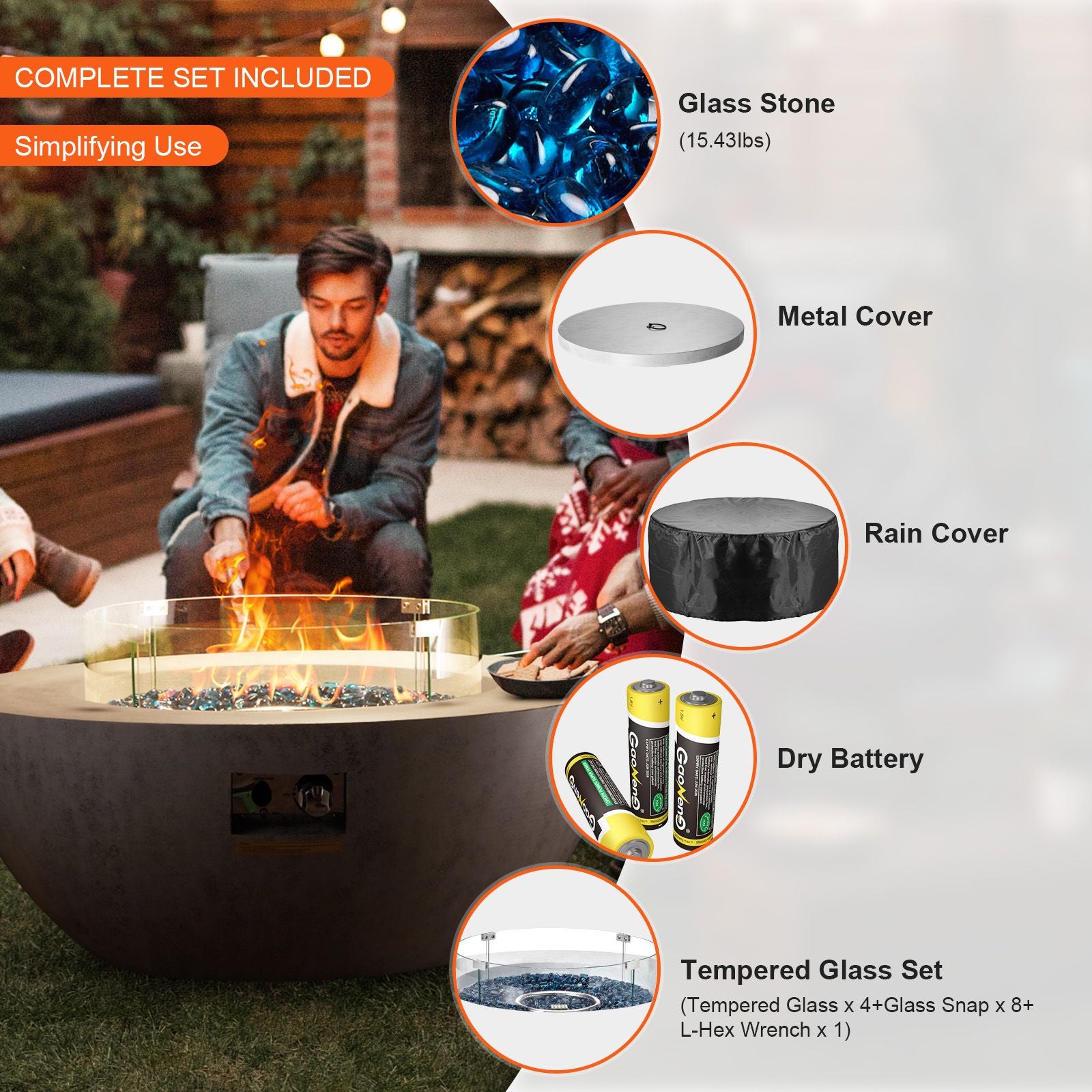 Propane Fire Pit, Outdoor Concrete Gas Fire Pit, 39 in Tabletop with Lava Rocks, Lid,Rain Cover,Adjust Flame Height Camping Firepit for Heating, Lighting, 50000 BTU