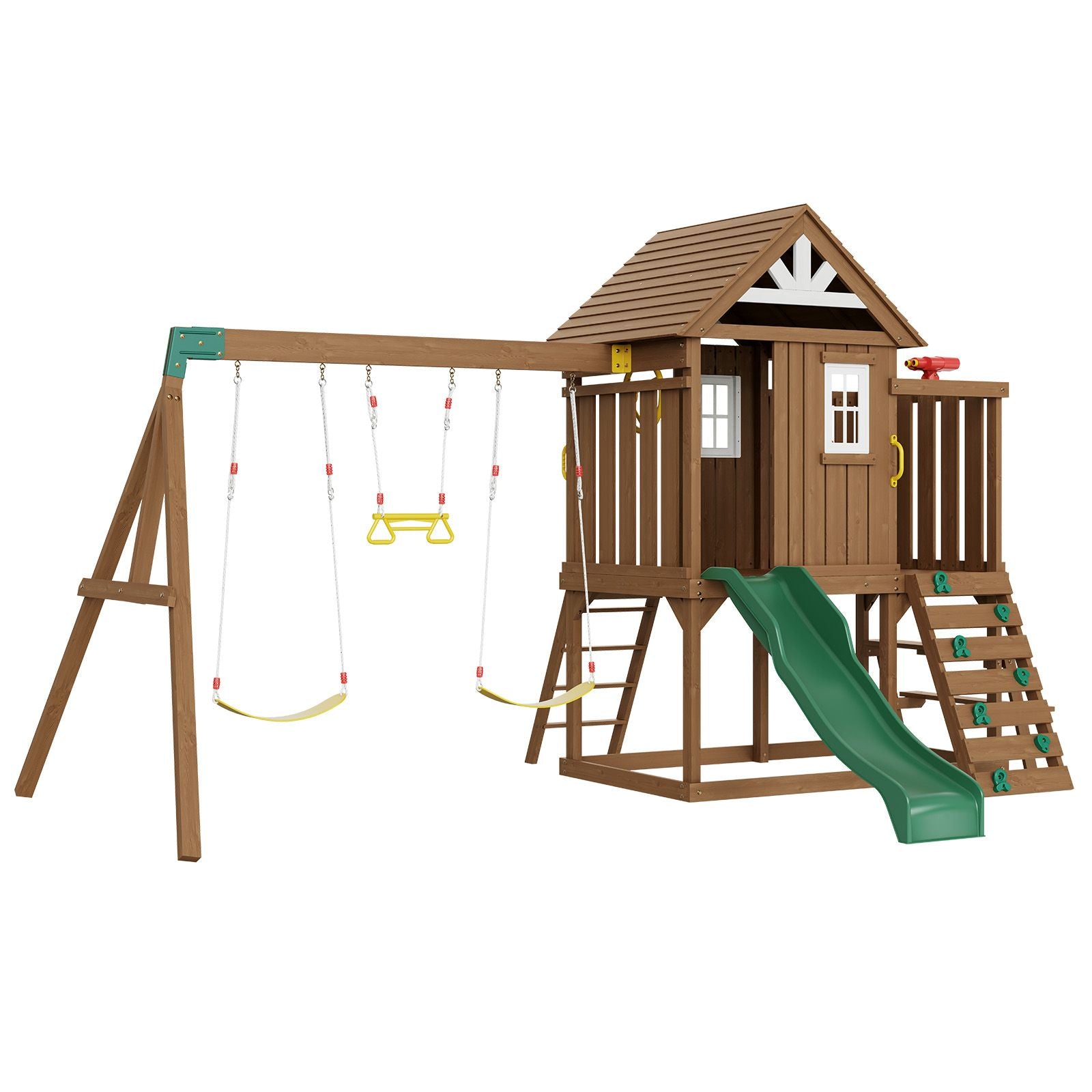 Wooden Swing Set, 9 IN 1 Outdoor Playground Sets for Backyards, 2 Swings, Trapeze Bar, 6 FT Slide, Large Upper Fort with Kitchen Toys, Flat Step Ladder, Rock Wall, Picnic Table, Sandbox