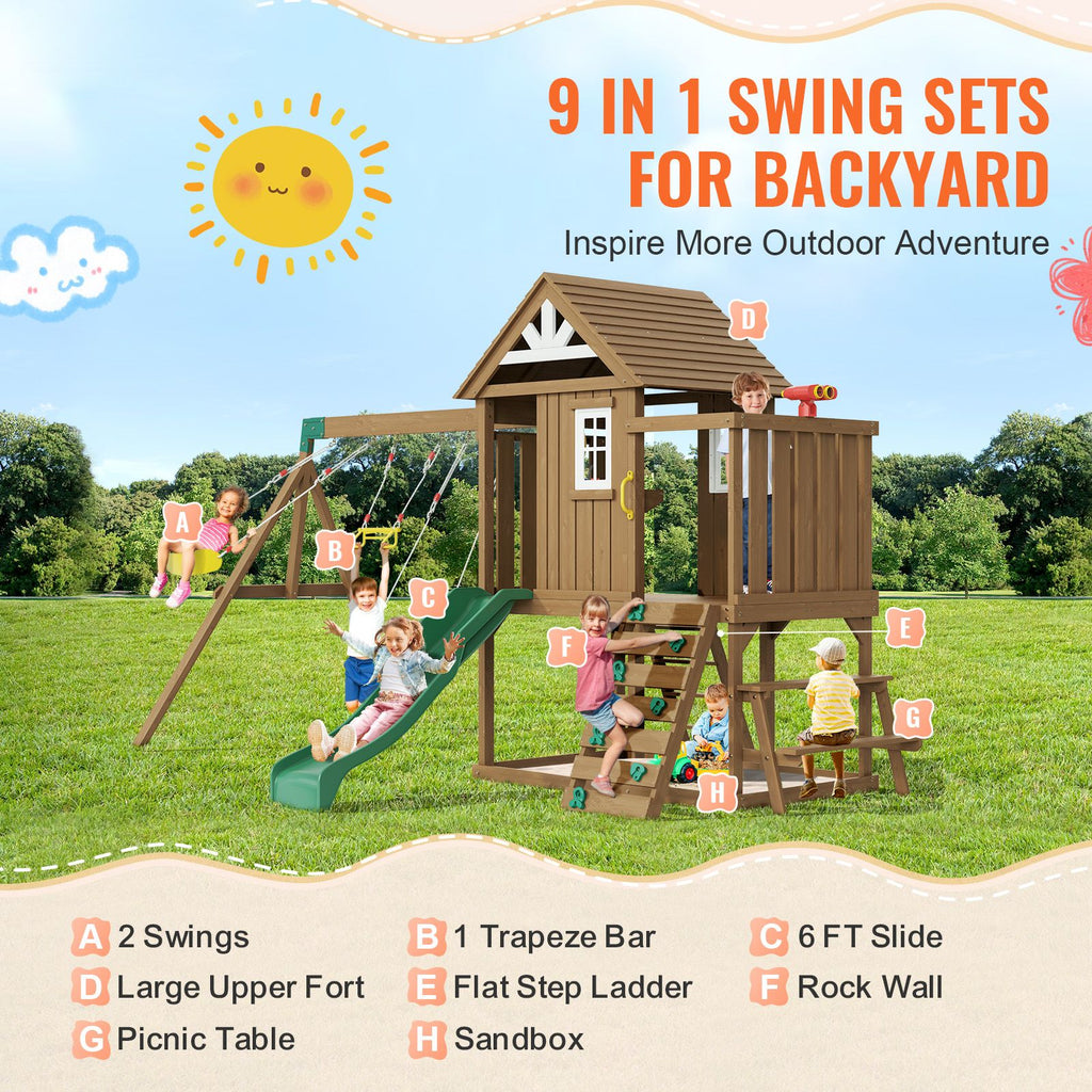 Wooden Swing Set, 9 IN 1 Outdoor Playground Sets for Backyards, 2 Swings, Trapeze Bar, 6 FT Slide, Large Upper Fort with Kitchen Toys, Flat Step Ladder, Rock Wall, Picnic Table, Sandbox
