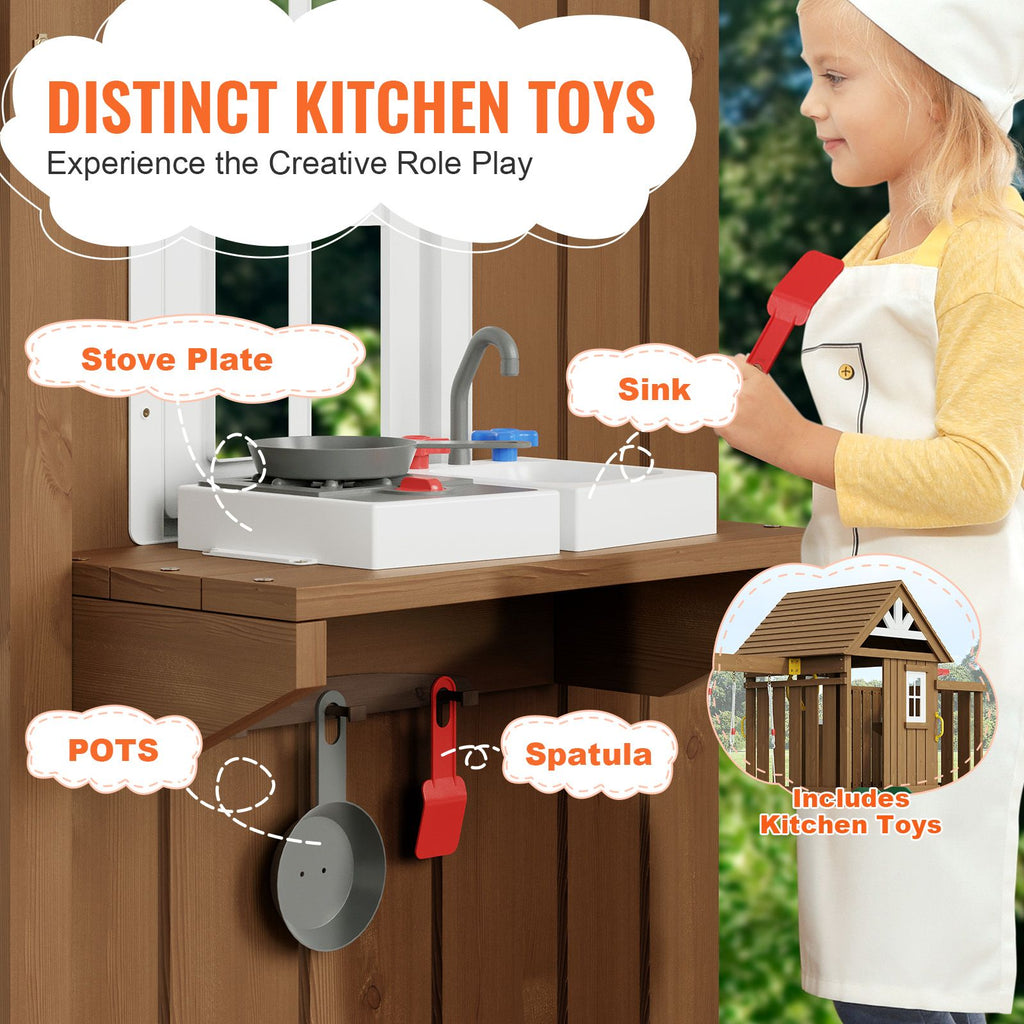 Wooden Swing Set, 9 IN 1 Outdoor Playground Sets for Backyards, 2 Swings, Trapeze Bar, 6 FT Slide, Large Upper Fort with Kitchen Toys, Flat Step Ladder, Rock Wall, Picnic Table, Sandbox