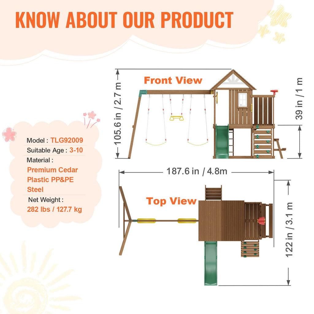 Wooden Swing Set, 9 IN 1 Outdoor Playground Sets for Backyards, 2 Swings, Trapeze Bar, 6 FT Slide, Large Upper Fort with Kitchen Toys, Flat Step Ladder, Rock Wall, Picnic Table, Sandbox