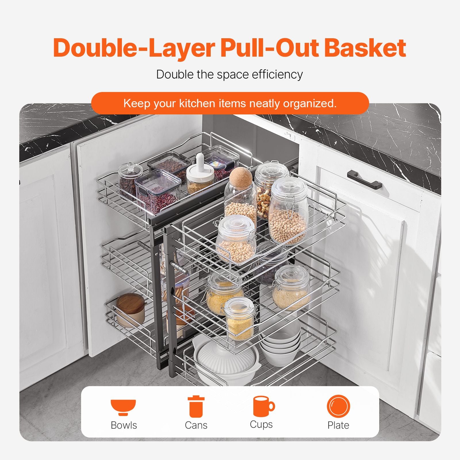 Min 15"W Opening Blind Corner Pull Out Organizer, 3 Tier 6 Shelf Kitchen Cabinet Organizer, Chrome Carbon Steel Storage Basket, Slide Out Storage Organizer, Left & Right Open Compatible