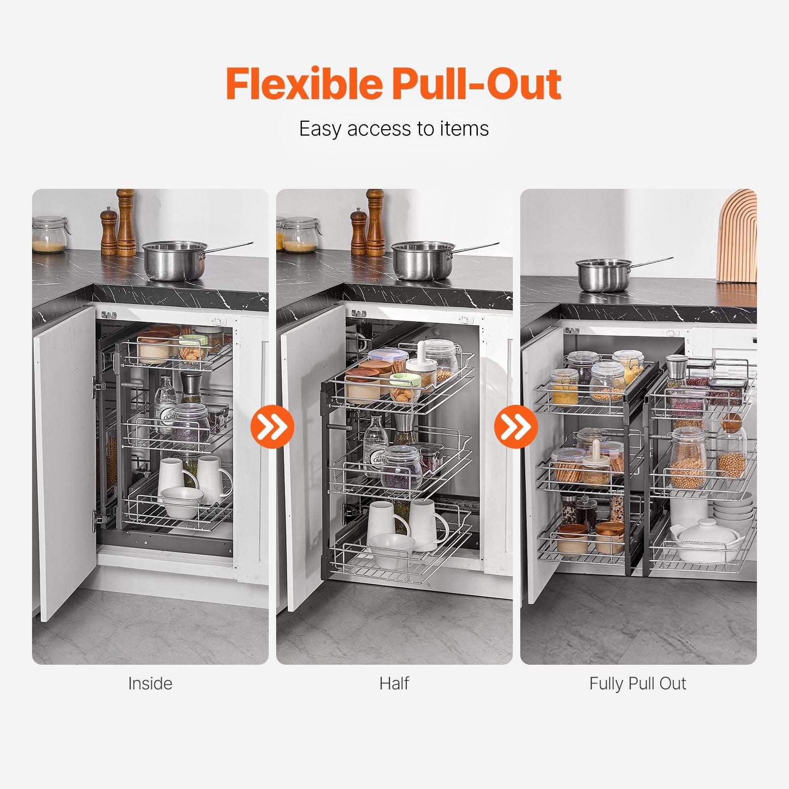 Min 15"W Opening Blind Corner Pull Out Organizer, 3 Tier 6 Shelf Kitchen Cabinet Organizer, Chrome Carbon Steel Storage Basket, Slide Out Storage Organizer, Left & Right Open Compatible
