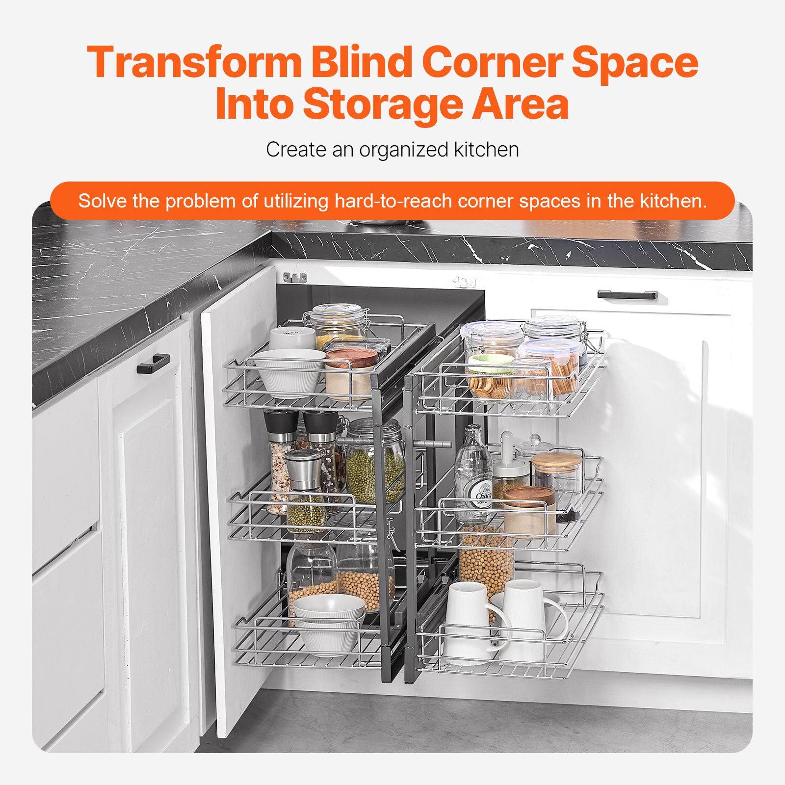 Min 15"W Opening Blind Corner Pull Out Organizer, 3 Tier 6 Shelf Kitchen Cabinet Organizer, Chrome Carbon Steel Storage Basket, Slide Out Storage Organizer, Left & Right Open Compatible