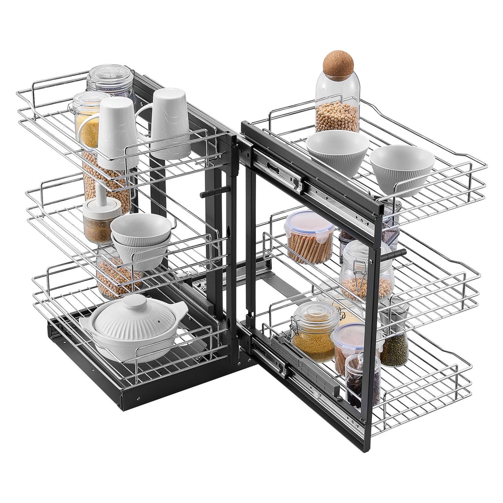 Min 15"W Opening Blind Corner Pull Out Organizer, 3 Tier 6 Shelf Kitchen Cabinet Organizer, Chrome Carbon Steel Storage Basket, Slide Out Storage Organizer, Left & Right Open Compatible