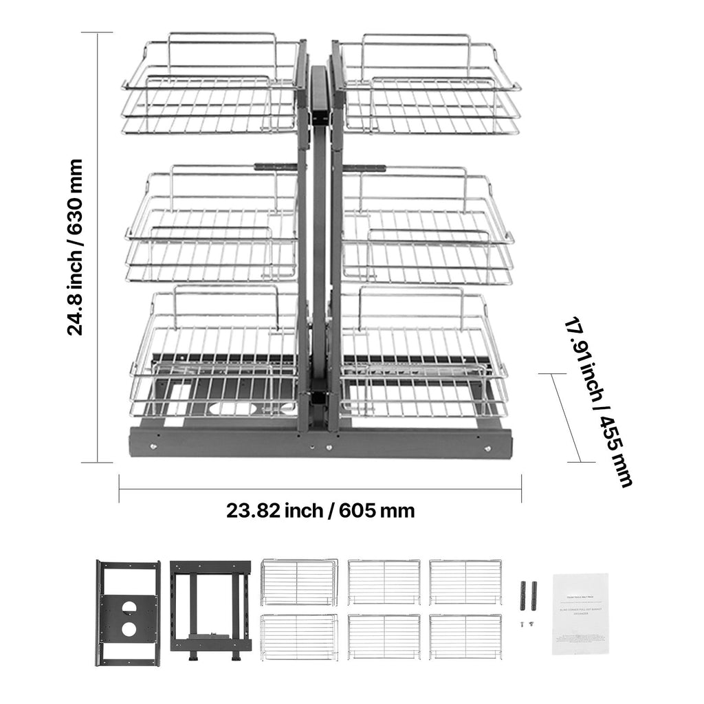 Min 15"W Opening Blind Corner Pull Out Organizer, 3 Tier 6 Shelf Kitchen Cabinet Organizer, Chrome Carbon Steel Storage Basket, Slide Out Storage Organizer, Left & Right Open Compatible