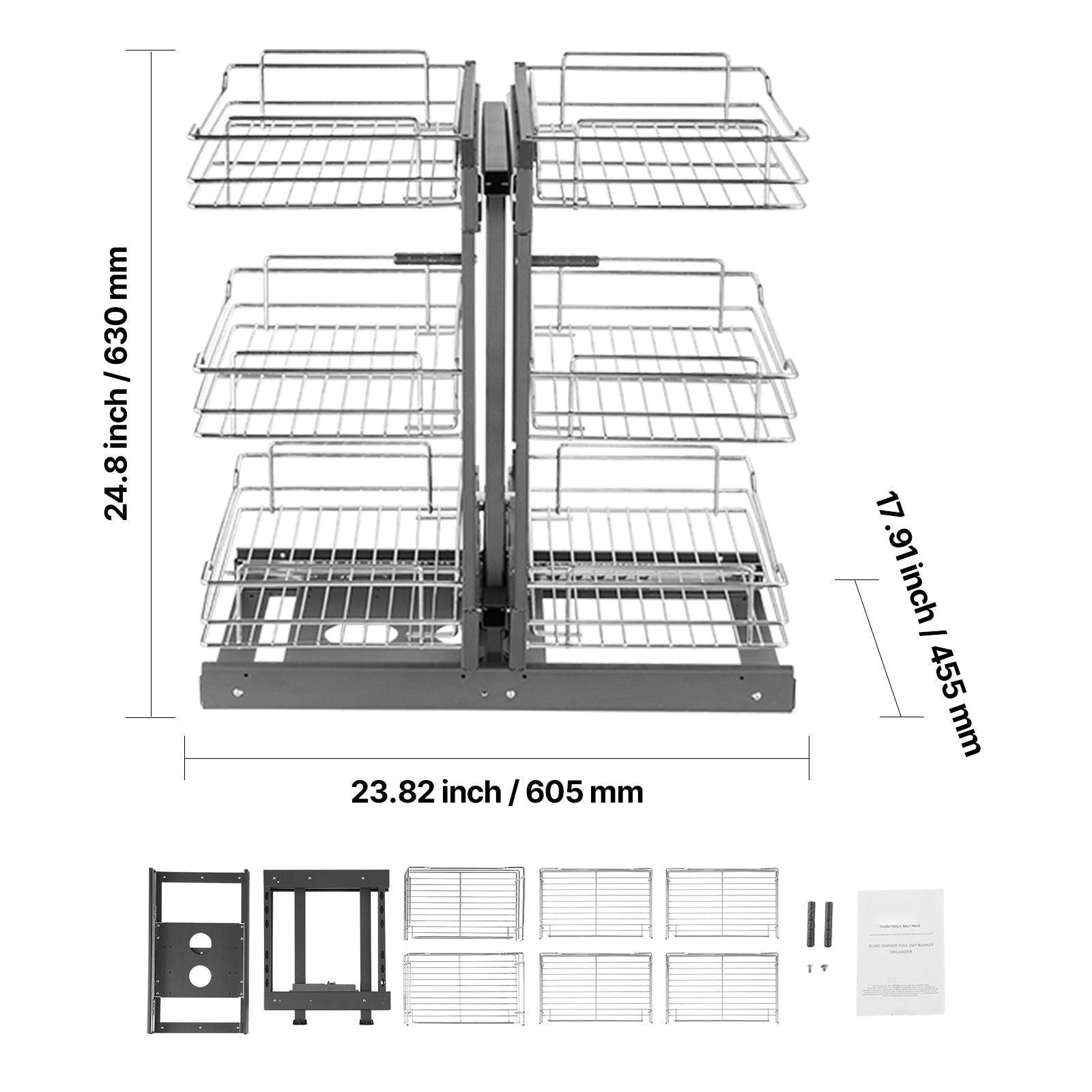 Min 15"W Opening Blind Corner Pull Out Organizer, 3 Tier 6 Shelf Kitchen Cabinet Organizer, Chrome Carbon Steel Storage Basket, Slide Out Storage Organizer, Left & Right Open Compatible
