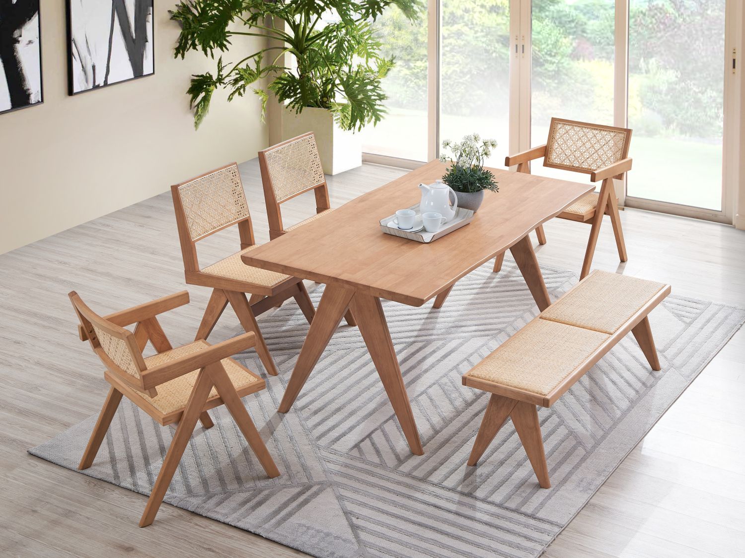 Valentina Rattan & Natural Finish 5PCs Patio/Outdoor Dining Set (No Bench Included)