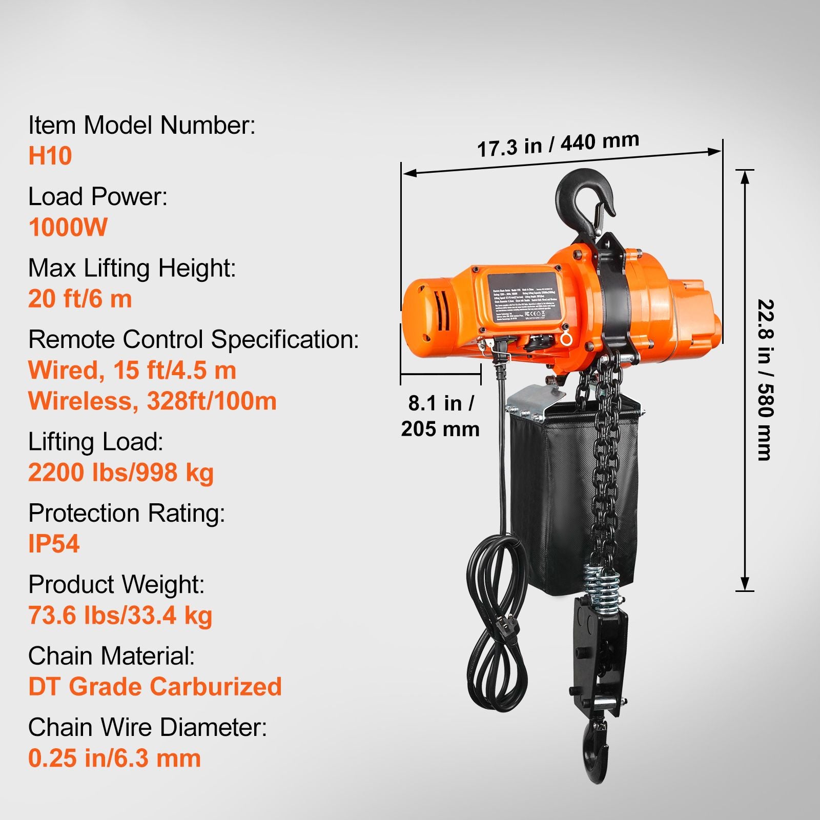Electric Chain Hoist, 2200 lbs Load, 20 ft Lifting Height, 6.9 ft/min Speed, 120V, Single Phase Overhead Crane with Chain, 328 ft Wireless & 15 ft Wired Remote Control for Garage, Shop, and Home