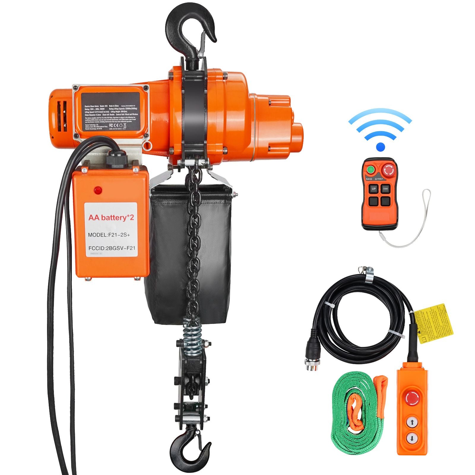 Electric Chain Hoist, 2200 lbs Load, 20 ft Lifting Height, 6.9 ft/min Speed, 120V, Single Phase Overhead Crane with Chain, 328 ft Wireless & 15 ft Wired Remote Control for Garage, Shop, and Home
