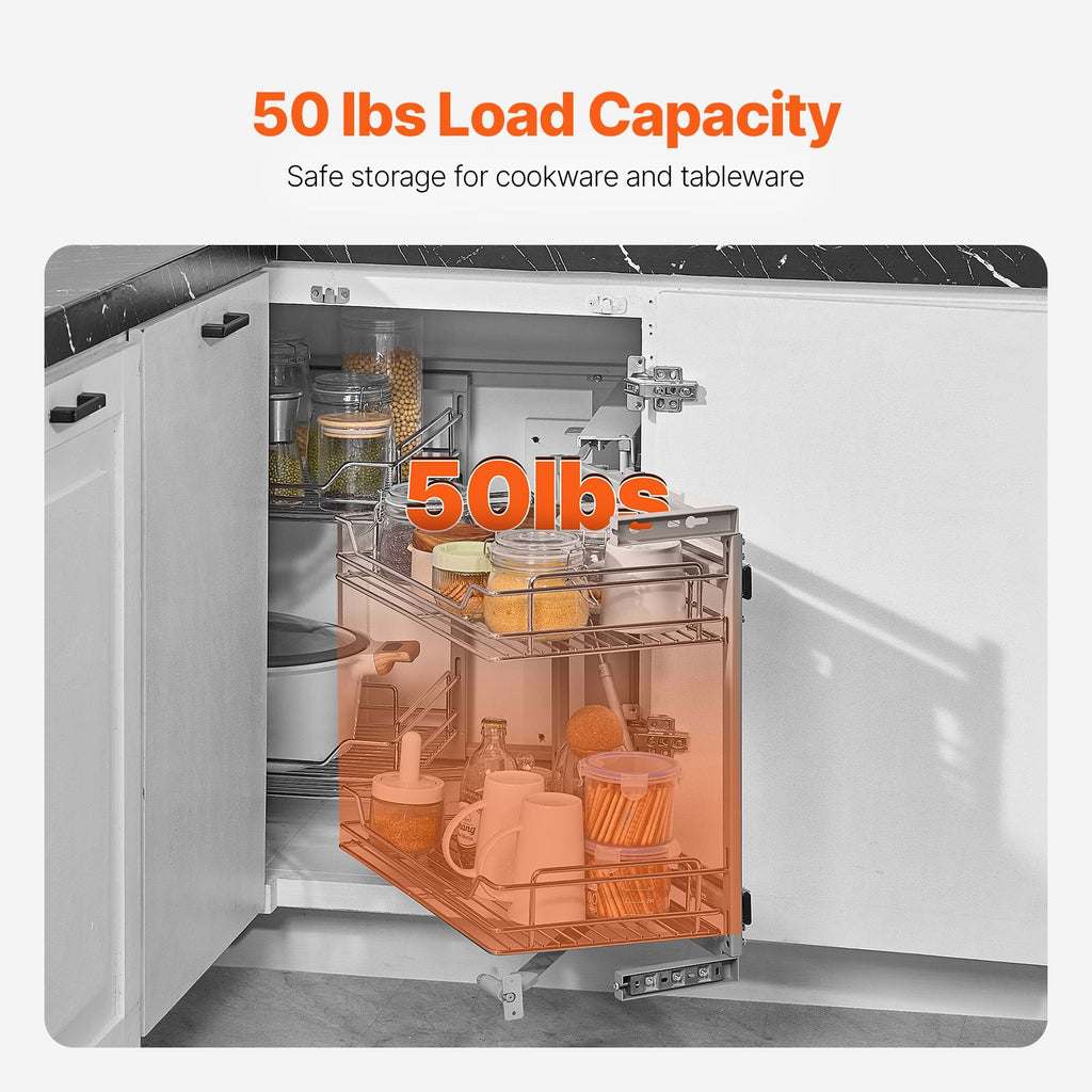 18"W Opening Blind Corner Pull Out Organizer, 2 Tier 4 Shelf Kitchen Cabinet Organizer, Magic Chrome Carbon Steel Storage Basket, Slide Out Storage Organizer, Left & Right Open Compatible