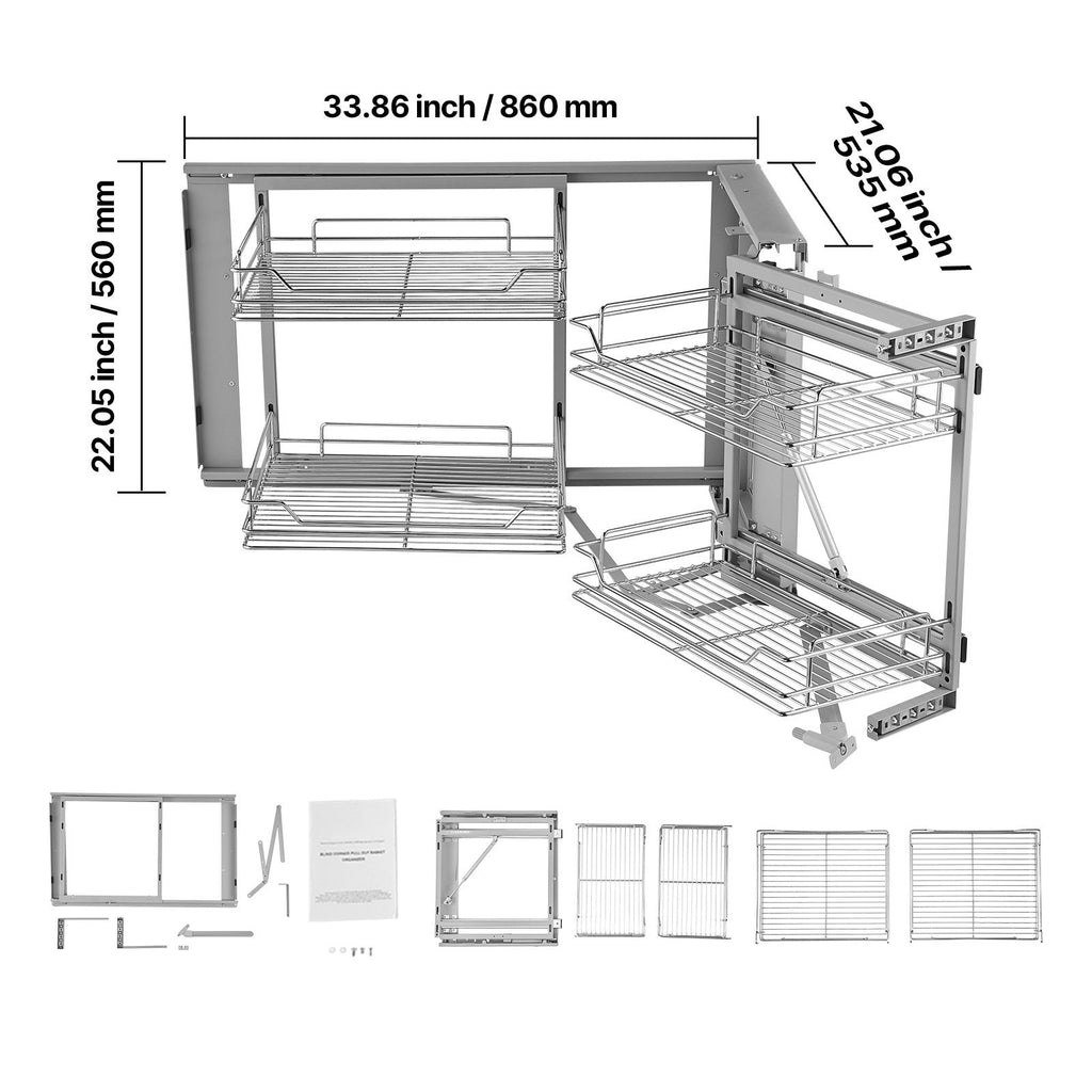 18"W Opening Blind Corner Pull Out Organizer, 2 Tier 4 Shelf Kitchen Cabinet Organizer, Magic Chrome Carbon Steel Storage Basket, Slide Out Storage Organizer, Left & Right Open Compatible