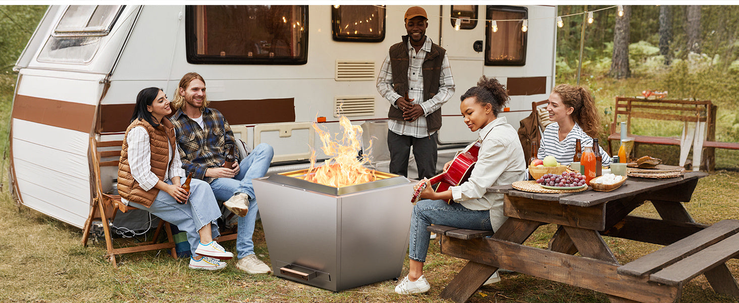 Cyberpit One Pro 25 inch Smokeless Fire Pit, w/Pull-Out Ash Pan, Portable Outdoor Firepits, Carry Handle for Backyard Patio Camping, Stainless Steel, Silver