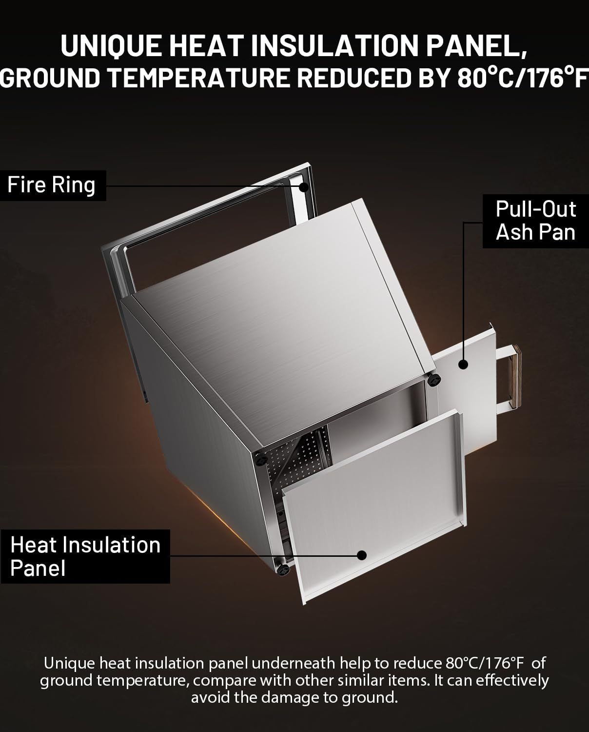 Cyberpit One Pro 25 inch Smokeless Fire Pit, w/Pull-Out Ash Pan, Portable Outdoor Firepits, Carry Handle for Backyard Patio Camping, Stainless Steel, Silver