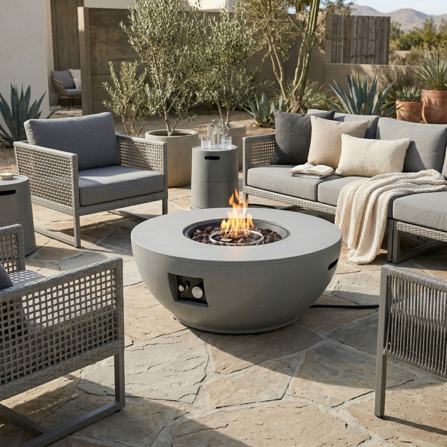 36" Propane Gas Fire Pit Table 2-Pieces, 50000 BTU Round Steel Fire Pit with Tank Holder for Outside Patio Deck Garden Backyard- Grey