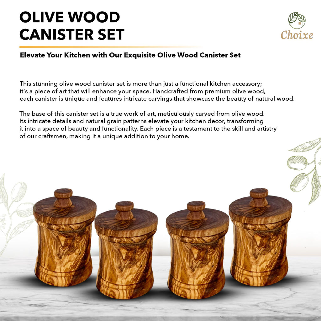 Premium Olive Wood Canister Set with Carved Storage Base - Elegant Countertop Kitchen Organizers for Spices, Tea, Coffee