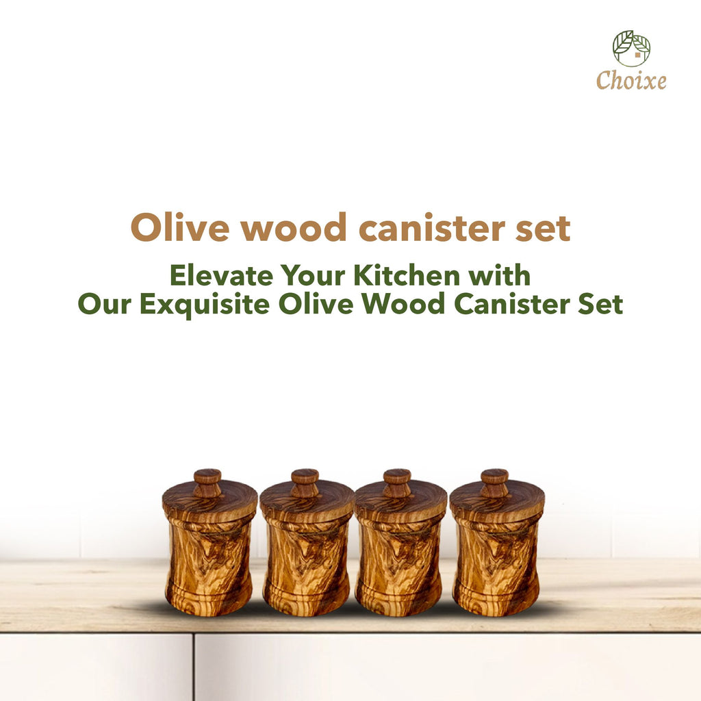 Premium Olive Wood Canister Set with Carved Storage Base - Elegant Countertop Kitchen Organizers for Spices, Tea, Coffee