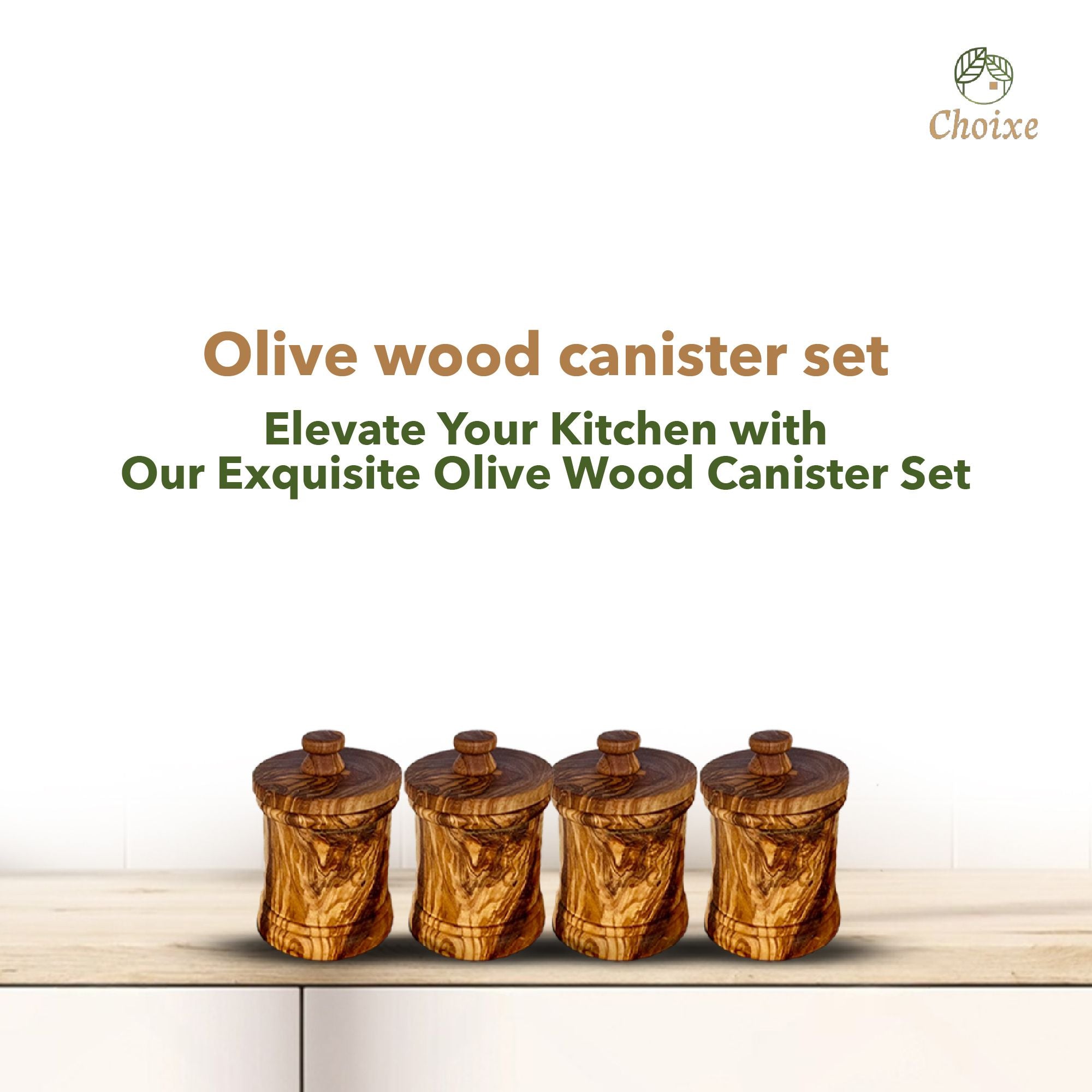 Premium Olive Wood Canister Set with Carved Storage Base - Elegant Countertop Kitchen Organizers for Spices, Tea, Coffee