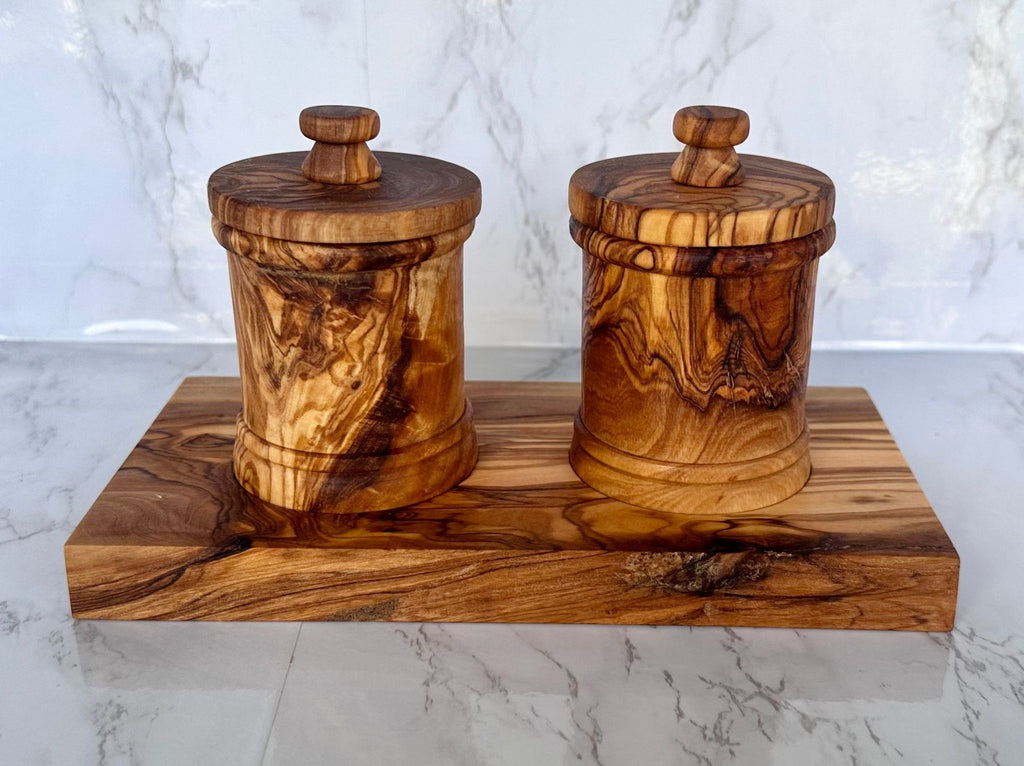 Premium Olive Wood Canister Set with Carved Storage Base - Elegant Countertop Kitchen Organizers for Spices, Tea, Coffee