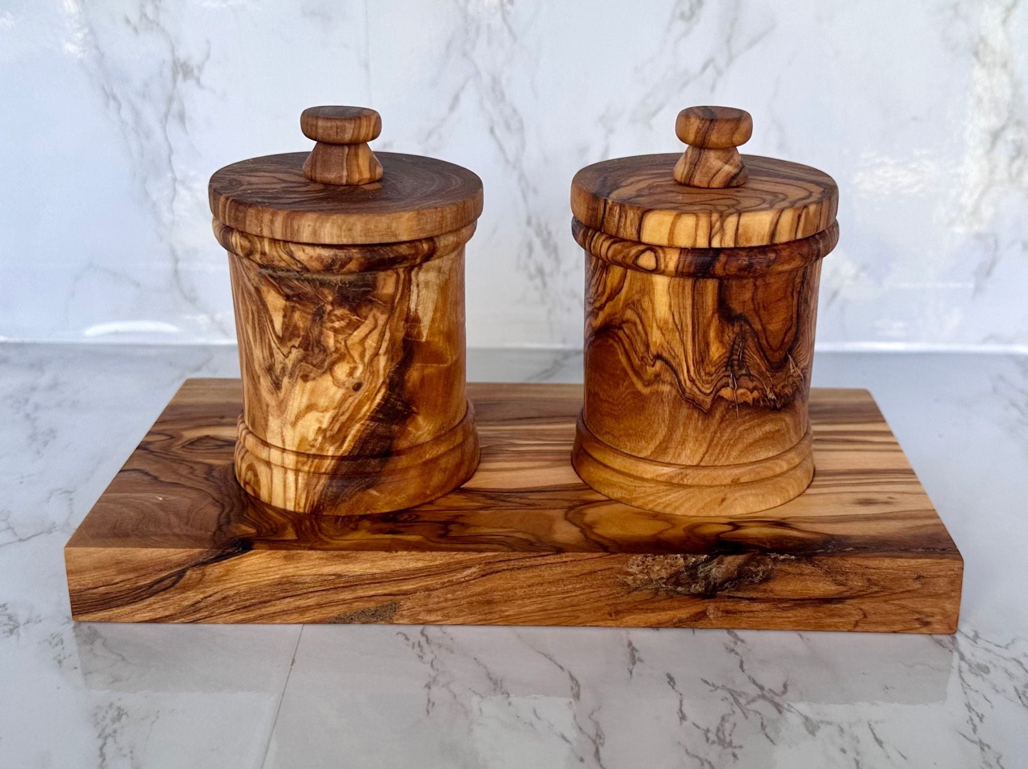 Premium Olive Wood Canister Set with Carved Storage Base - Elegant Countertop Kitchen Organizers for Spices, Tea, Coffee