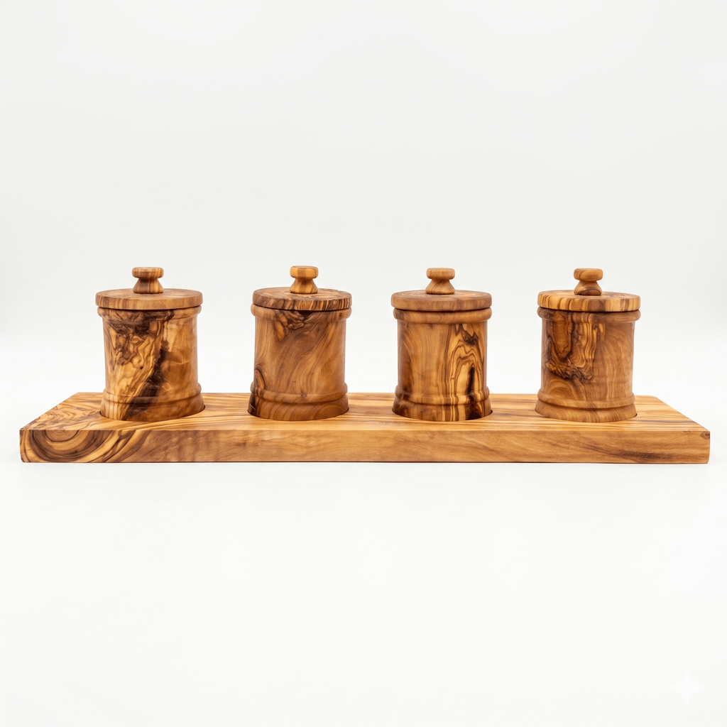 Premium Olive Wood Canister Set with Carved Storage Base - Elegant Countertop Kitchen Organizers for Spices, Tea, Coffee