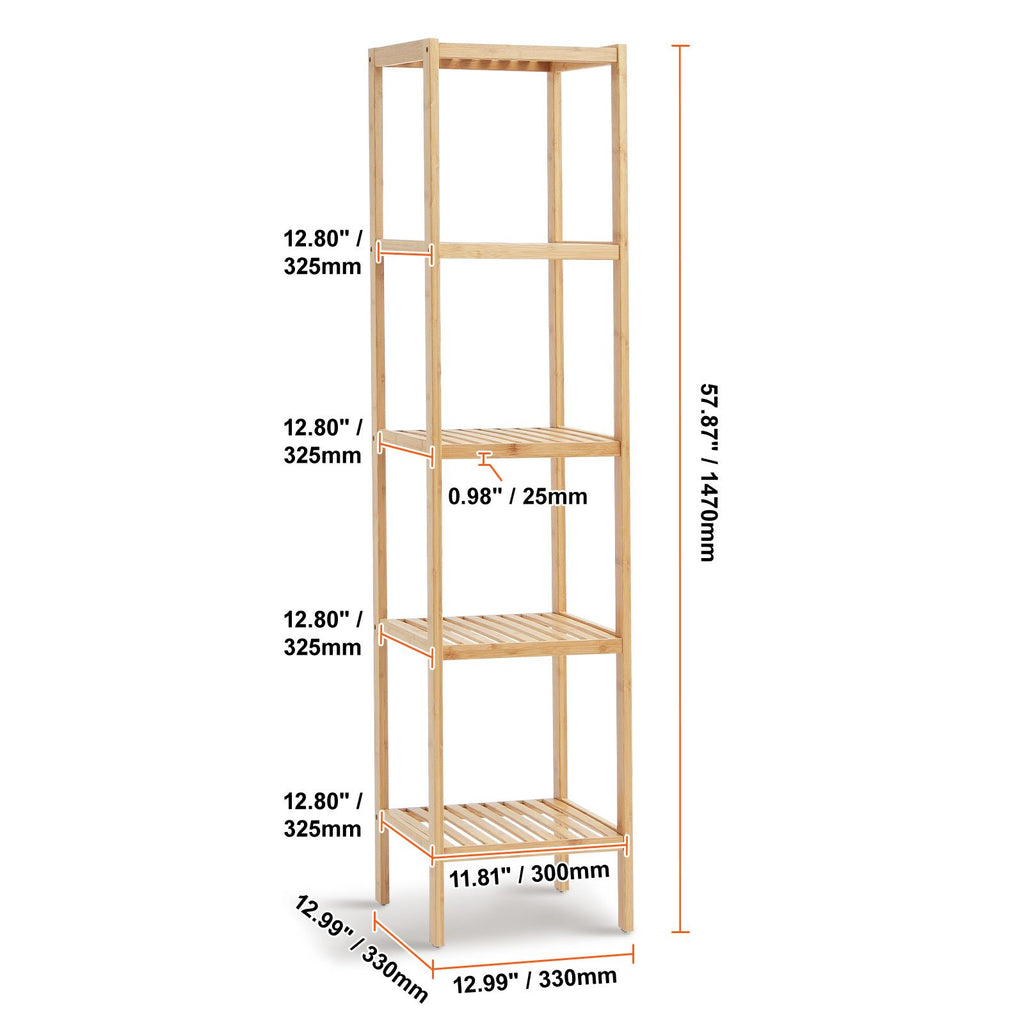 5-Tier Bathroom Standing Shelf, Narrow Shelving Unit, Display Storage Rack Organizer, Freestanding Flower Plant Stand, Multifunctional Bamboo Shelf Ideal for BathRoom, Kitchen, Home, Natural