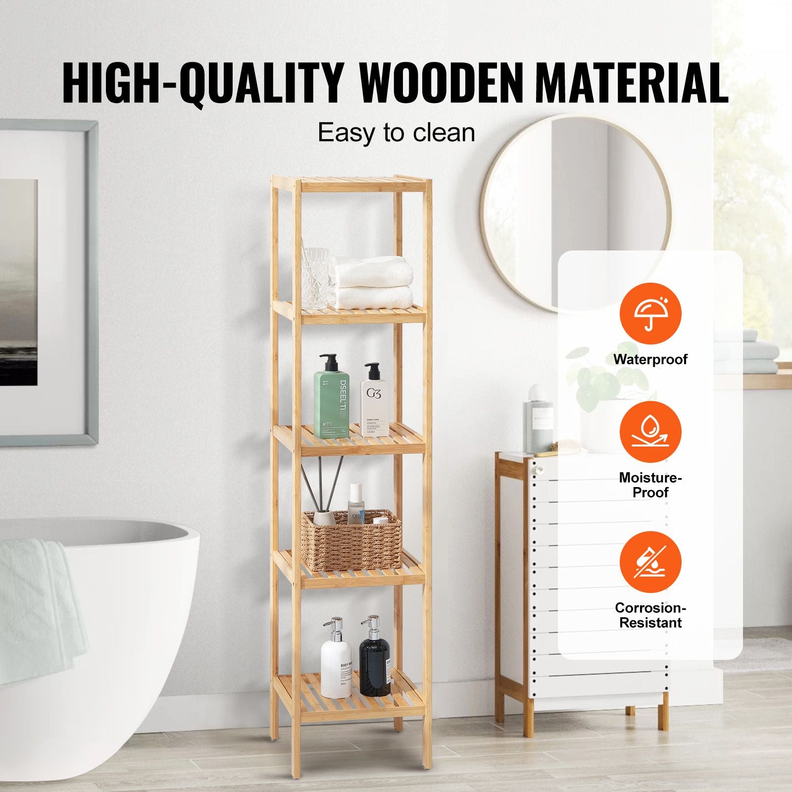 5-Tier Bathroom Standing Shelf, Narrow Shelving Unit, Display Storage Rack Organizer, Freestanding Flower Plant Stand, Multifunctional Bamboo Shelf Ideal for BathRoom, Kitchen, Home, Natural