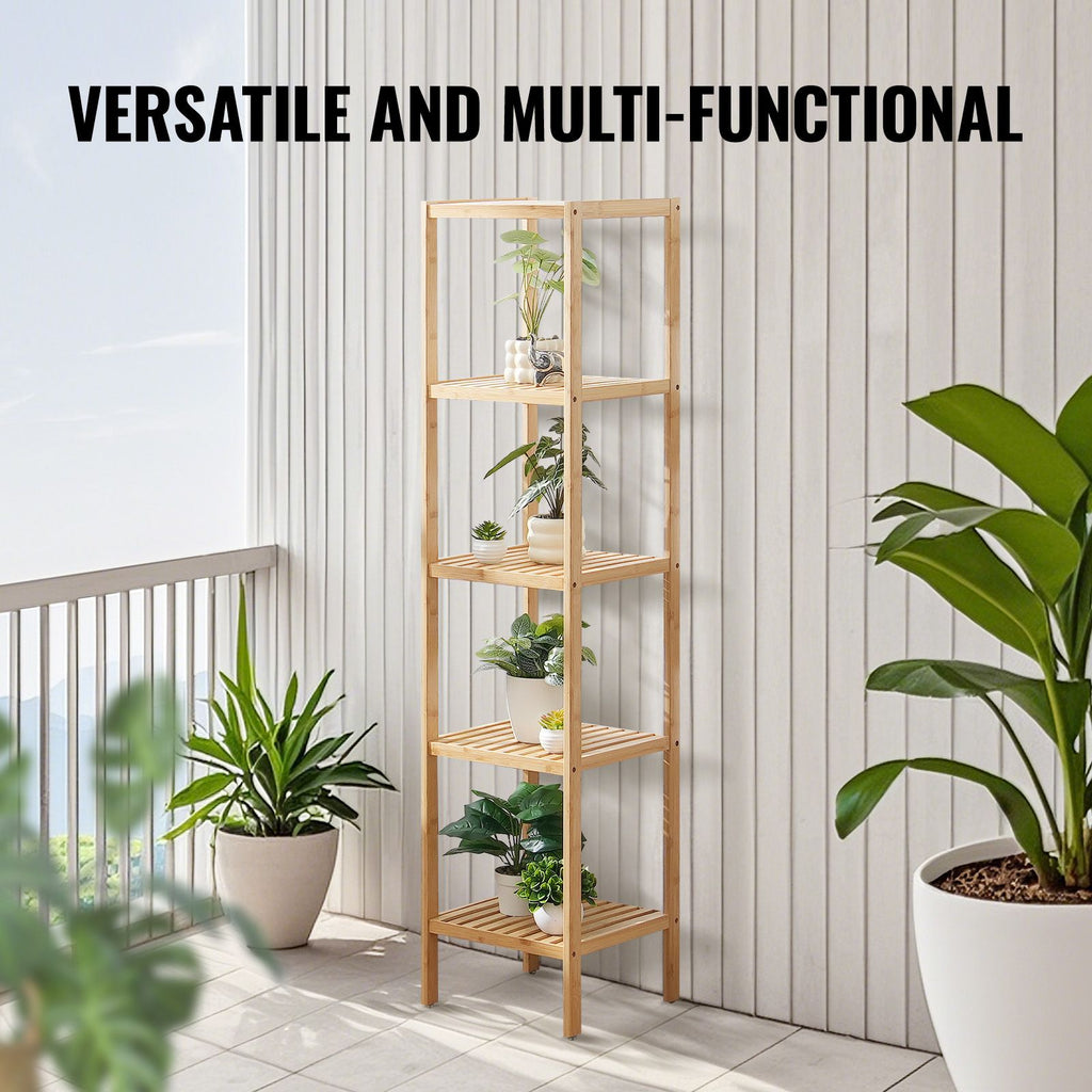 5-Tier Bathroom Standing Shelf, Narrow Shelving Unit, Display Storage Rack Organizer, Freestanding Flower Plant Stand, Multifunctional Bamboo Shelf Ideal for BathRoom, Kitchen, Home, Natural