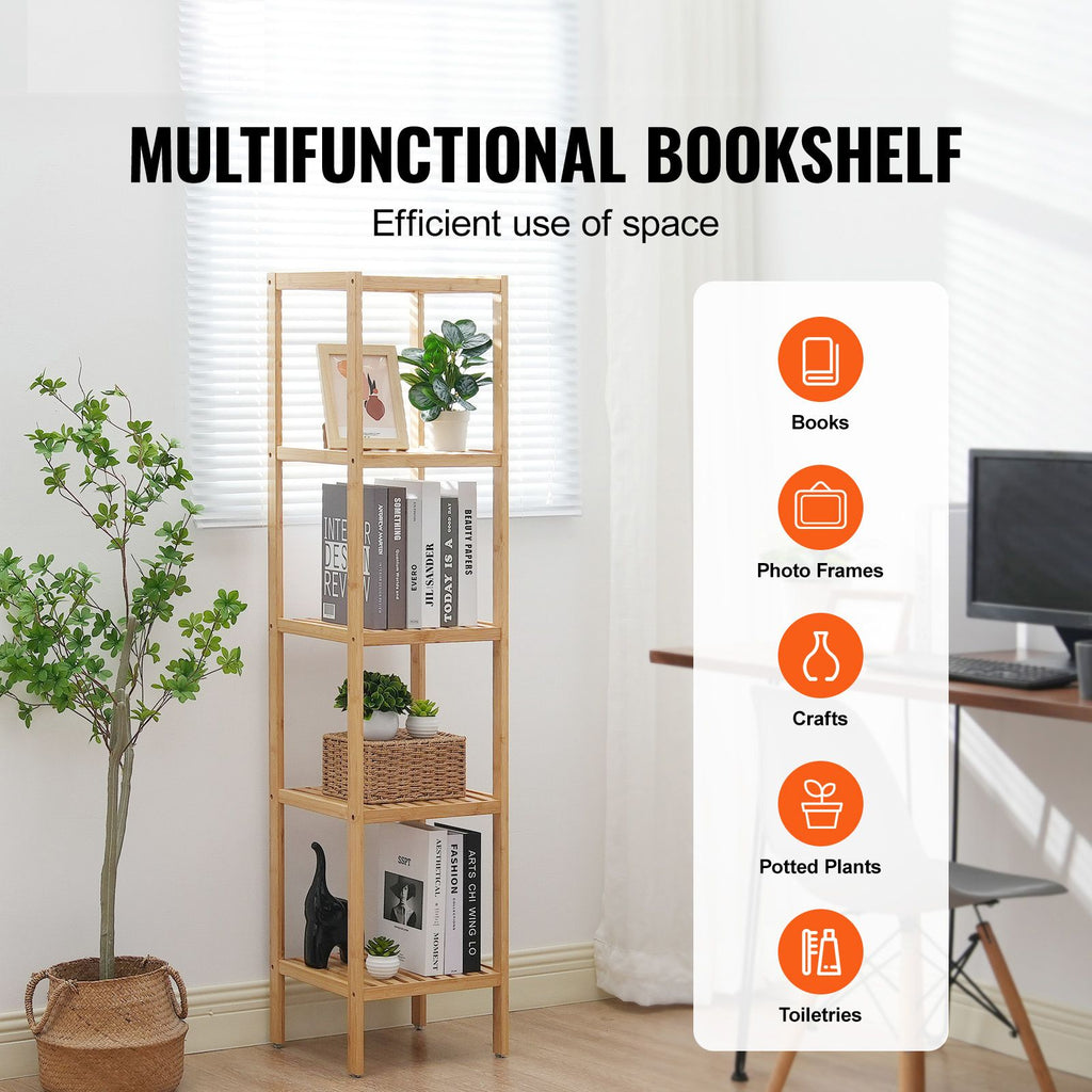 5-Tier Bathroom Standing Shelf, Narrow Shelving Unit, Display Storage Rack Organizer, Freestanding Flower Plant Stand, Multifunctional Bamboo Shelf Ideal for BathRoom, Kitchen, Home, Natural