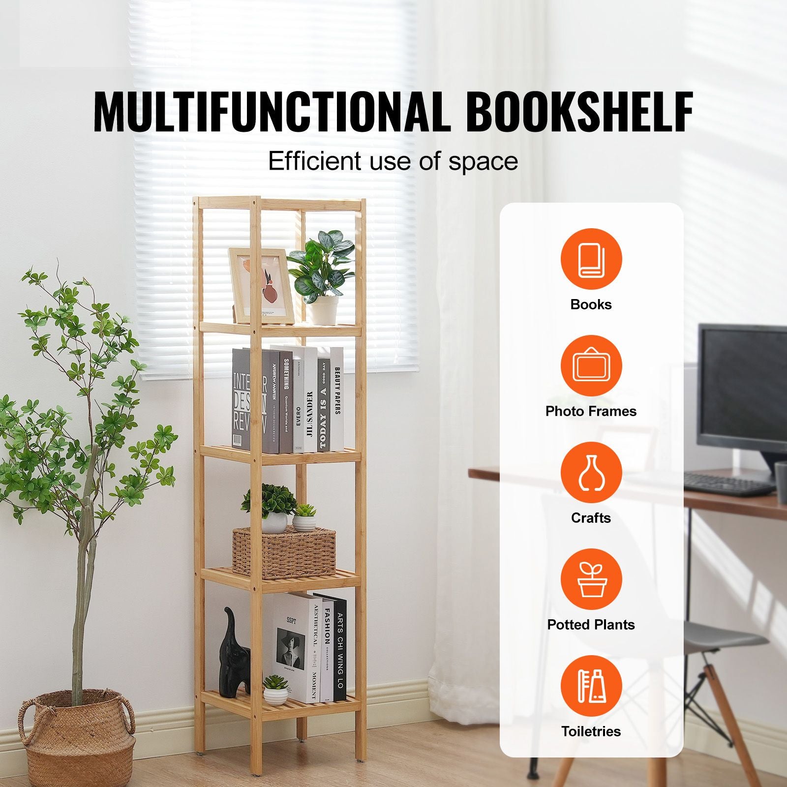 5-Tier Bathroom Standing Shelf, Narrow Shelving Unit, Display Storage Rack Organizer, Freestanding Flower Plant Stand, Multifunctional Bamboo Shelf Ideal for BathRoom, Kitchen, Home, Natural