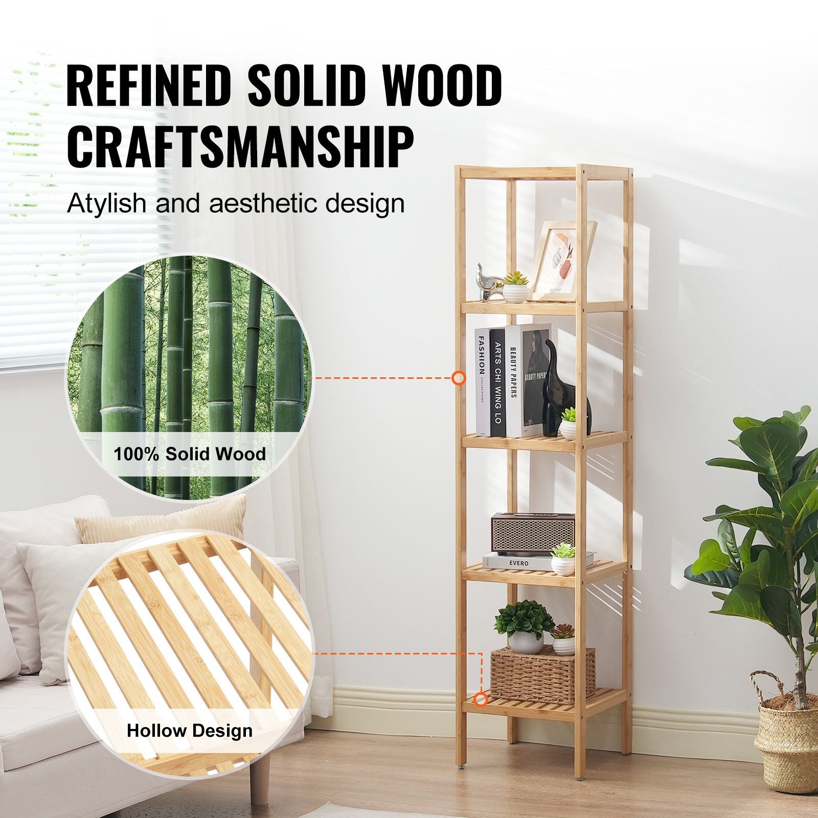 5-Tier Bathroom Standing Shelf, Narrow Shelving Unit, Display Storage Rack Organizer, Freestanding Flower Plant Stand, Multifunctional Bamboo Shelf Ideal for BathRoom, Kitchen, Home, Natural