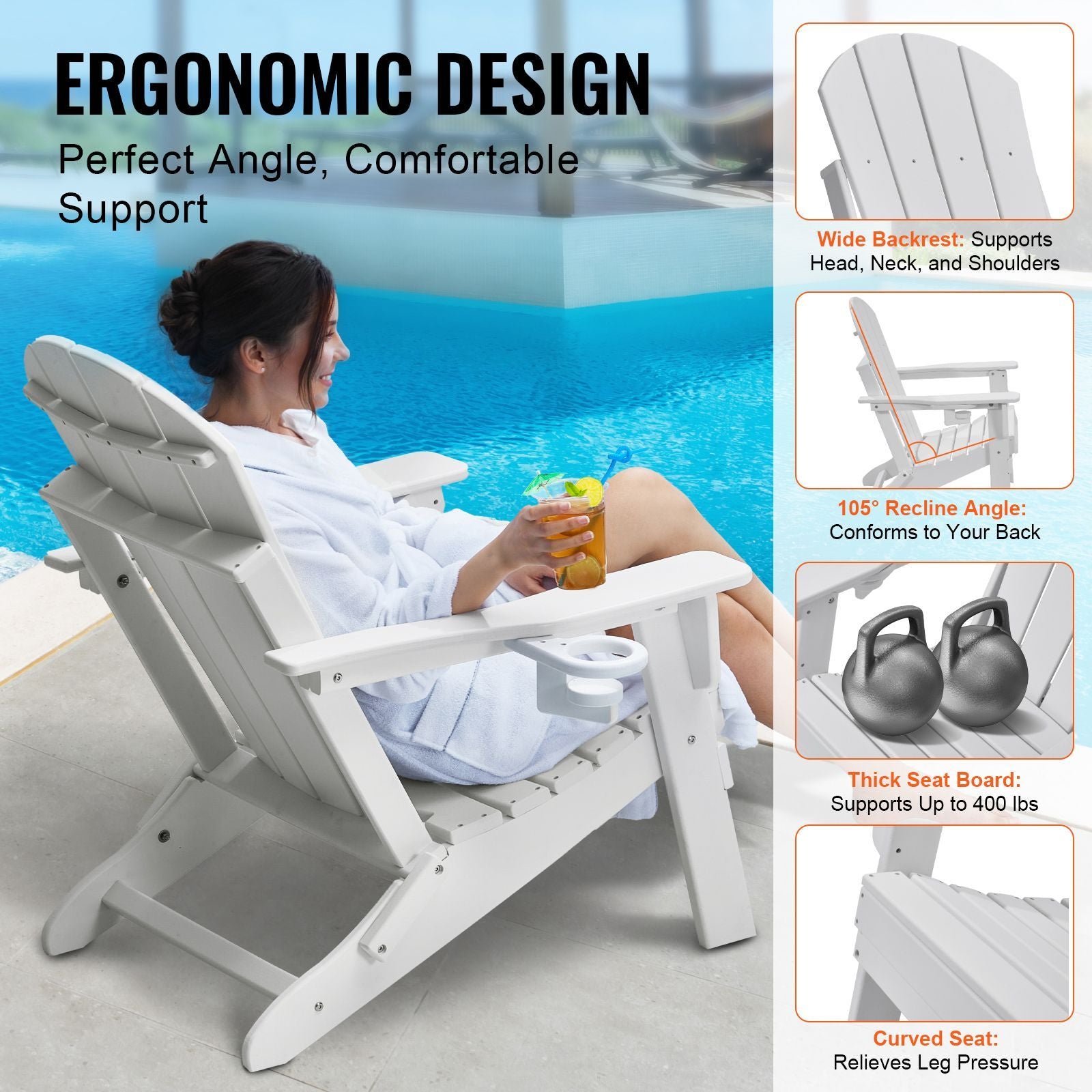 Adirondack Chair Plastic, Set of 2 All-Weather Portable Folding Fire Pit Chair, Outdoor Adirondack Patio Chair with Cup Holder, with Relaxing Arm Rest Ergonomic, for Garden, Backyard - White