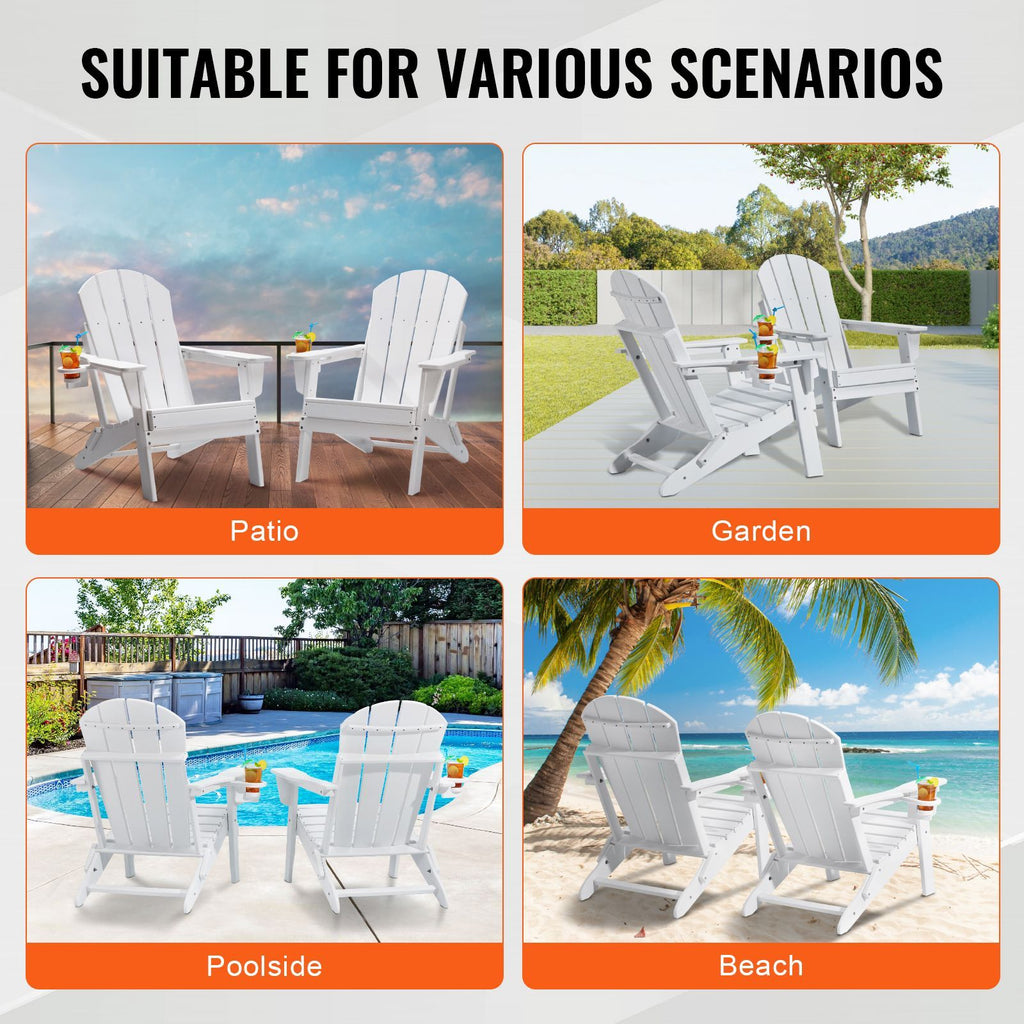 Adirondack Chair Plastic, Set of 2 All-Weather Portable Folding Fire Pit Chair, Outdoor Adirondack Patio Chair with Cup Holder, with Relaxing Arm Rest Ergonomic, for Garden, Backyard - White