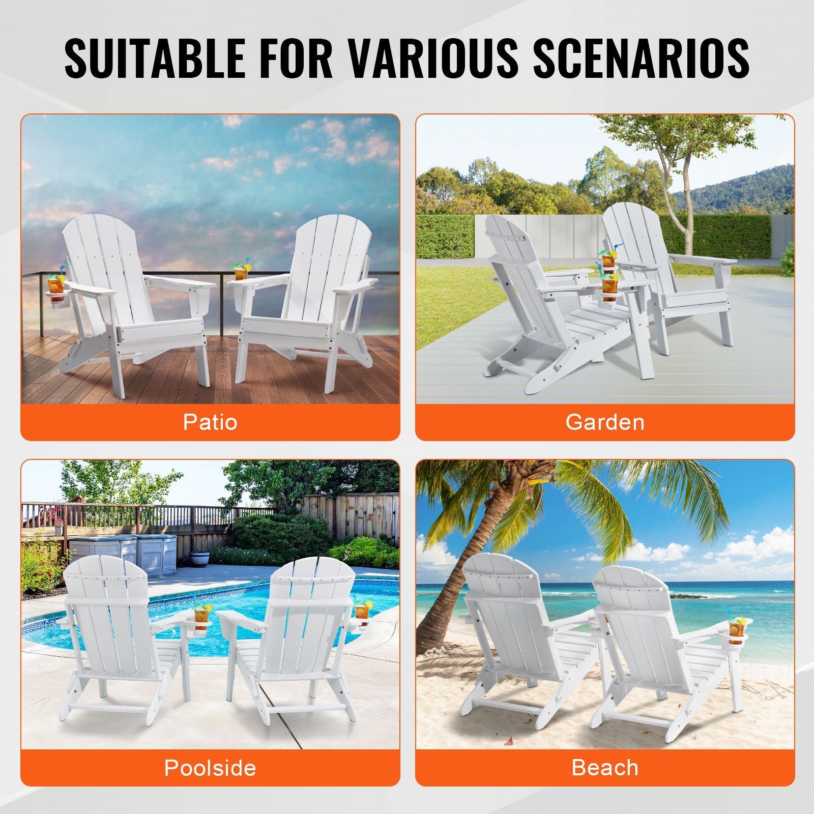 Adirondack Chair Plastic, Set of 2 All-Weather Portable Folding Fire Pit Chair, Outdoor Adirondack Patio Chair with Cup Holder, with Relaxing Arm Rest Ergonomic, for Garden, Backyard - White