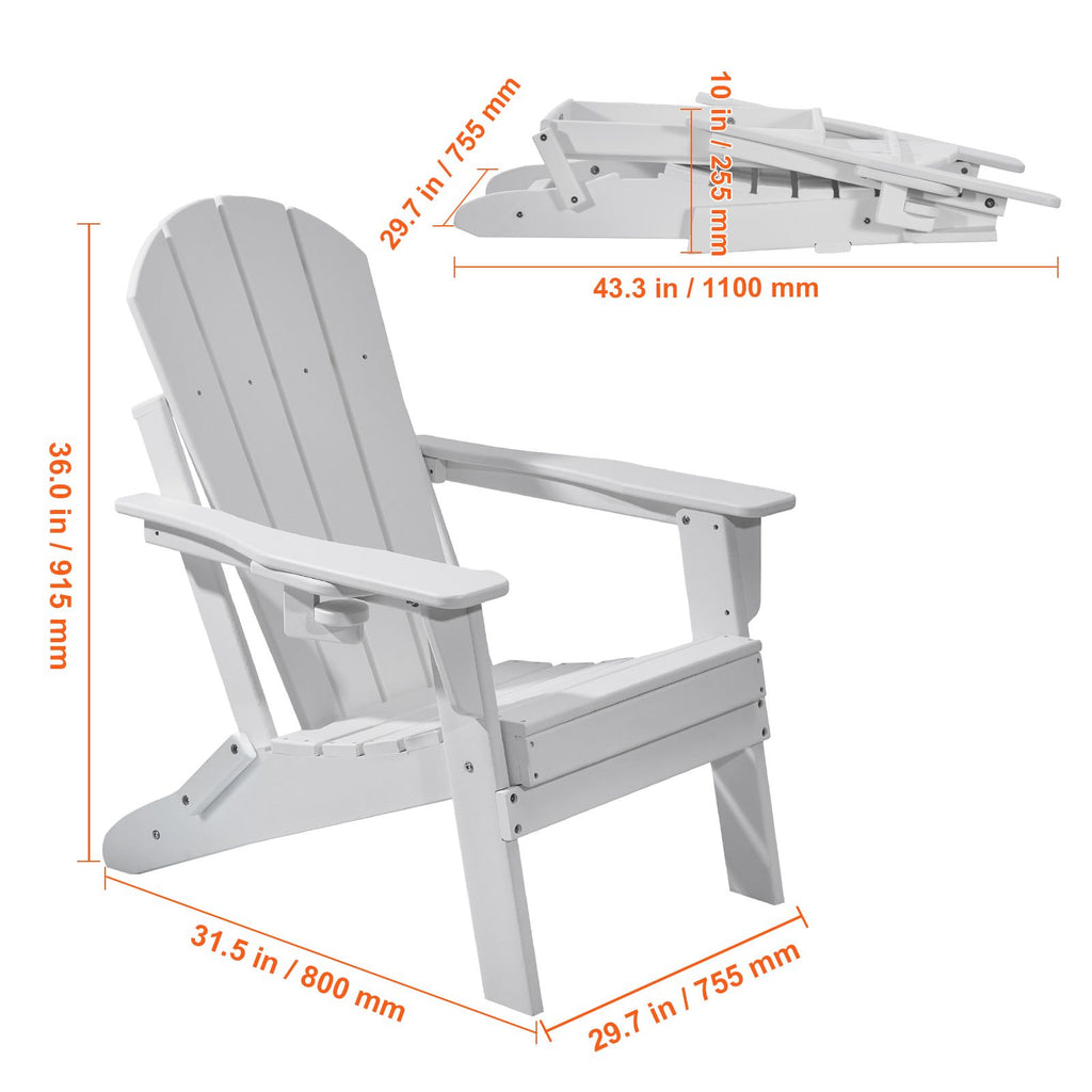 Adirondack Chair Plastic, Set of 2 All-Weather Portable Folding Fire Pit Chair, Outdoor Adirondack Patio Chair with Cup Holder, with Relaxing Arm Rest Ergonomic, for Garden, Backyard - White
