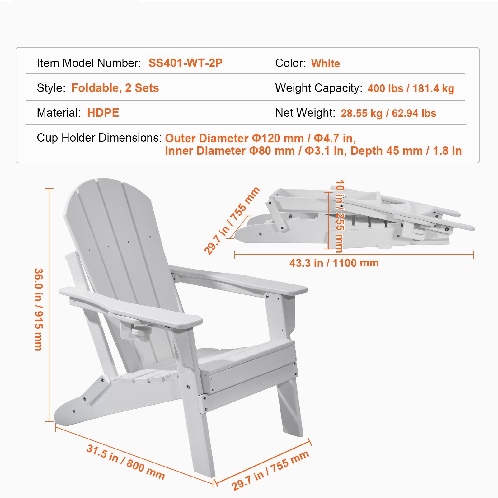 Adirondack Chair Plastic, Set of 2 All-Weather Portable Folding Fire Pit Chair, Outdoor Adirondack Patio Chair with Cup Holder, with Relaxing Arm Rest Ergonomic, for Garden, Backyard - White